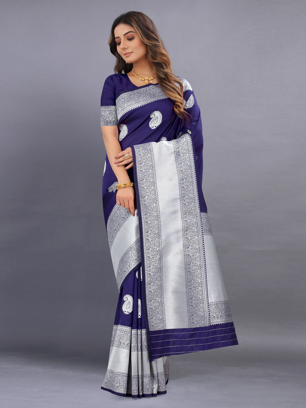 Vedant Vastram Soft Litchi Silk Banarasi Silk Saree - Navy | Grocsy