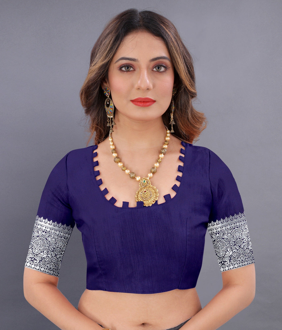 Vedant Vastram Soft Litchi Silk Banarasi Silk Saree - Navy | Grocsy