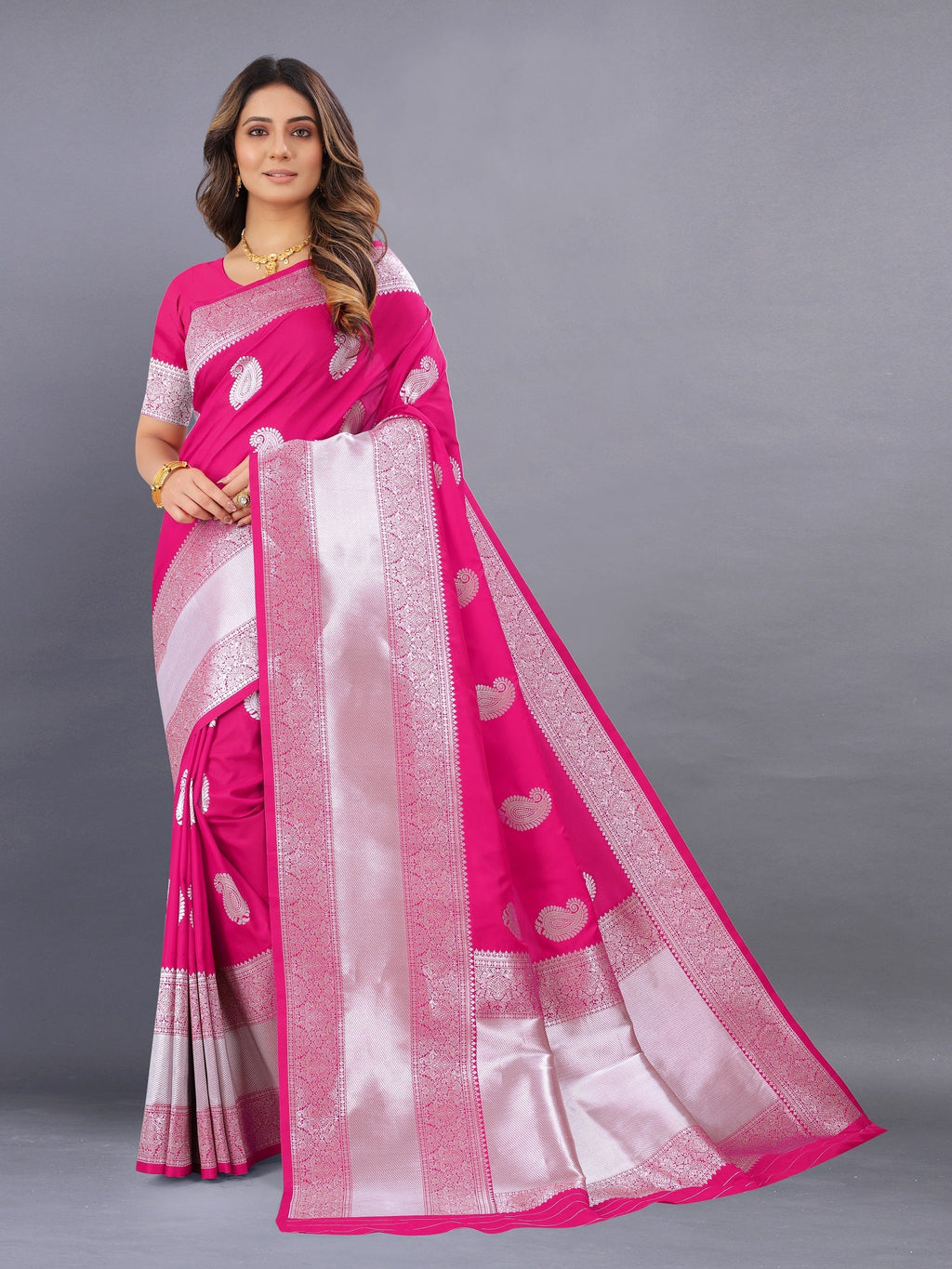 Vedant Vastram Soft Litchi Silk Banarasi Silk Saree - Pink | Grocsy