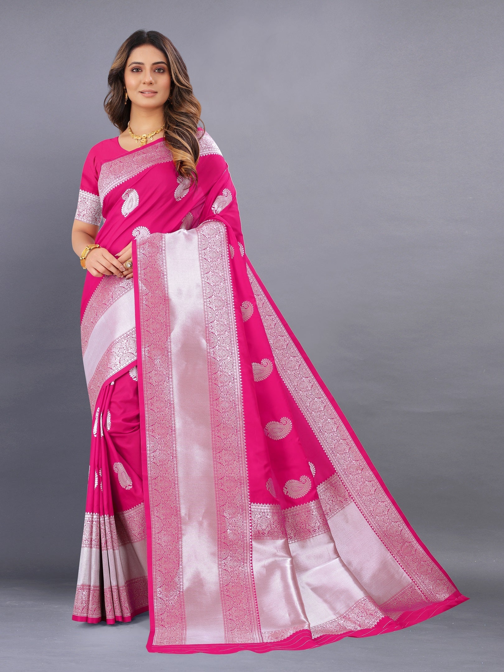 Vedant Vastram Soft Litchi Silk Banarasi Silk Saree - Pink | Grocsy