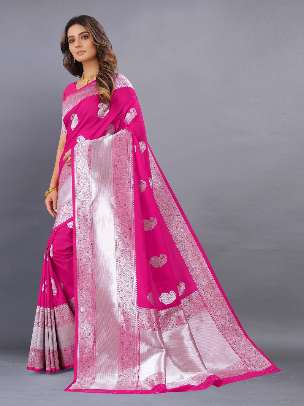 Vedant Vastram Soft Litchi Silk Banarasi Silk Saree - Pink | Grocsy