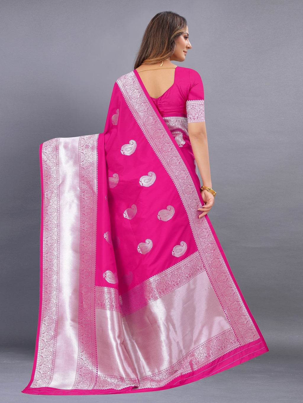 Vedant Vastram Soft Litchi Silk Banarasi Silk Saree - Pink | Grocsy
