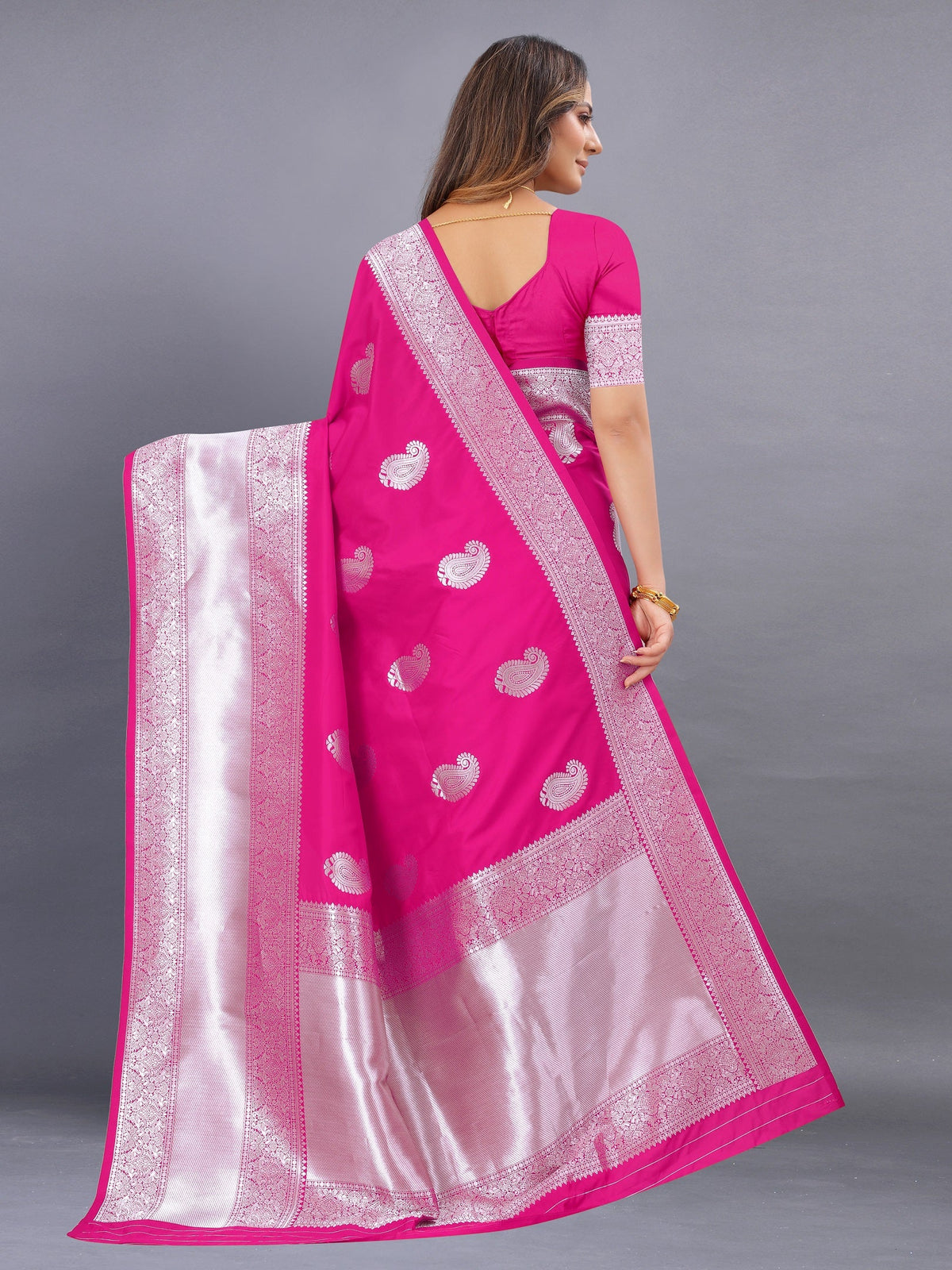 Vedant Vastram Soft Litchi Silk Banarasi Silk Saree - Pink | Grocsy