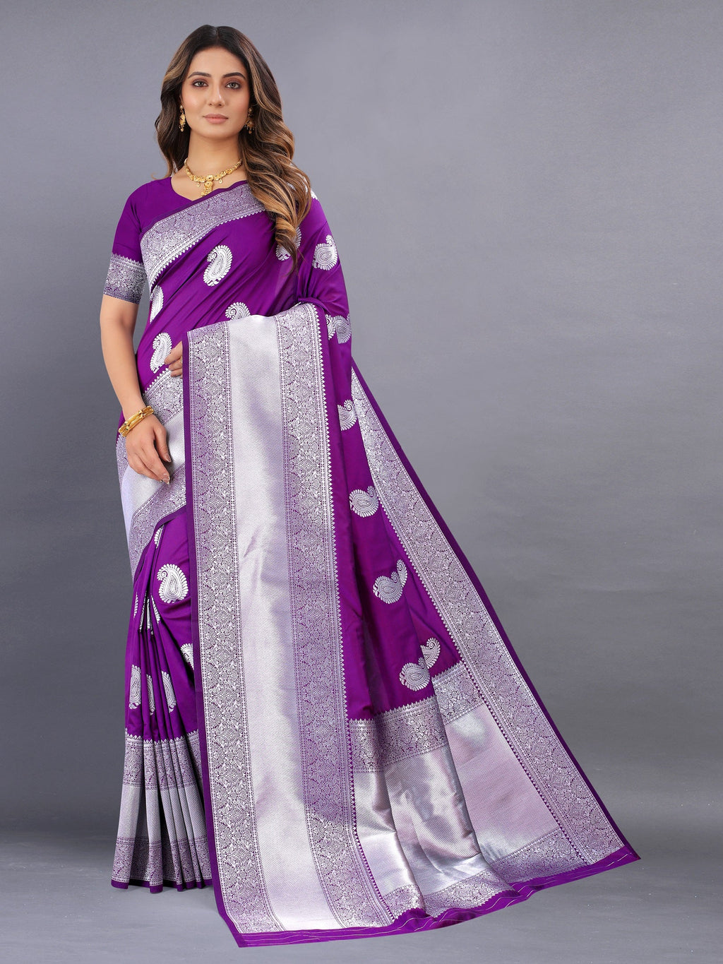 Vedant Vastram Soft Litchi Silk Banarasi Silk Saree - Purple | Grocsy