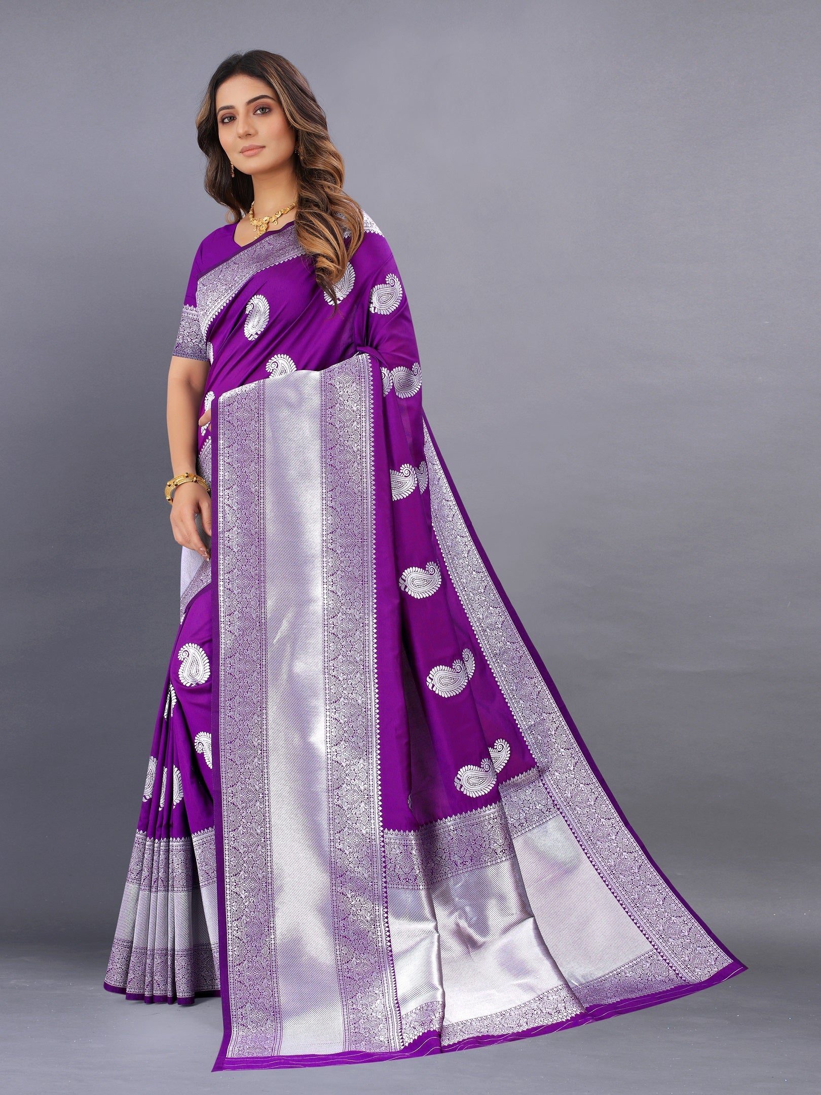 Vedant Vastram Soft Litchi Silk Banarasi Silk Saree - Purple | Grocsy