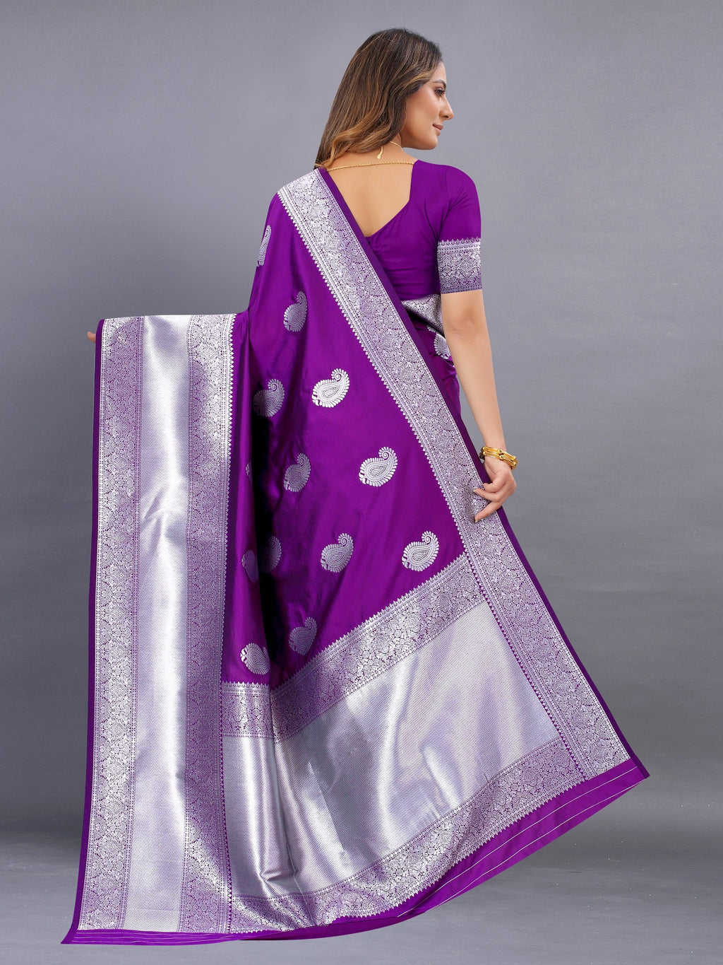 Vedant Vastram Soft Litchi Silk Banarasi Silk Saree - Purple | Grocsy