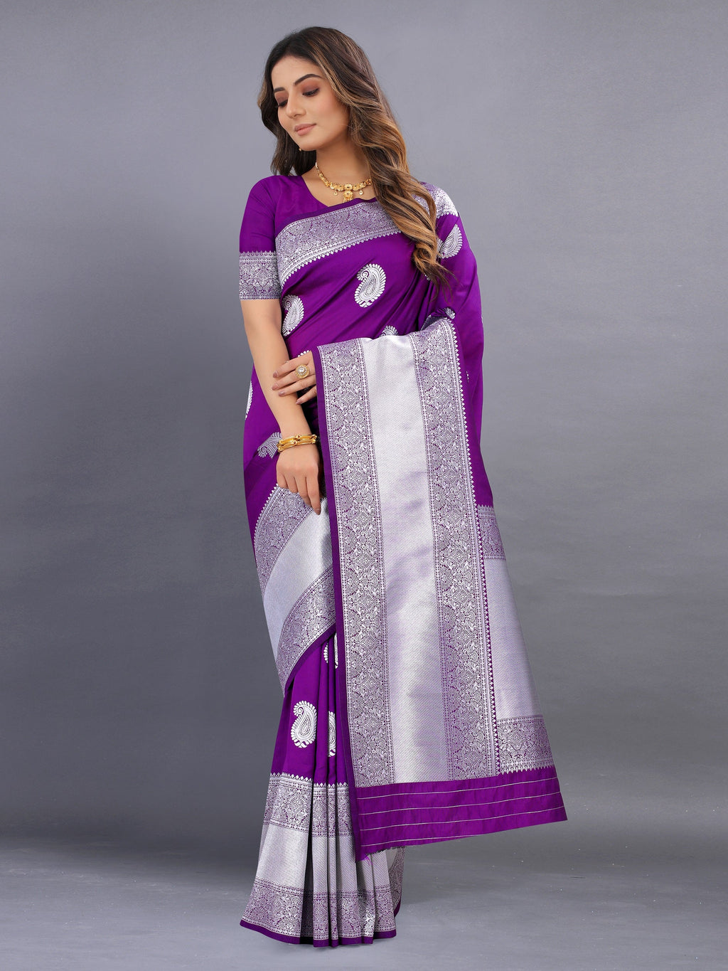 Vedant Vastram Soft Litchi Silk Banarasi Silk Saree - Purple | Grocsy