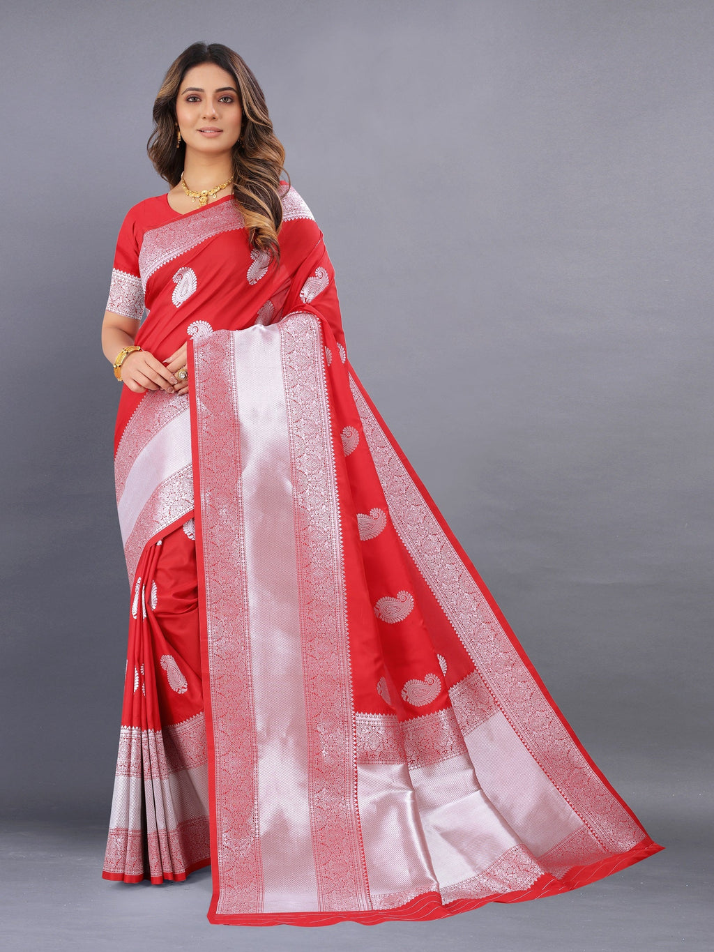 Vedant Vastram Soft Litchi Silk Banarasi Silk Saree - Red | Grocsy