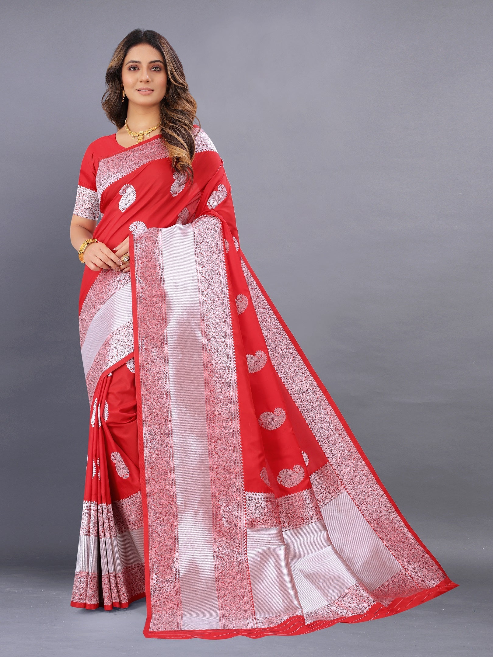 Vedant Vastram Soft Litchi Silk Banarasi Silk Saree - Red | Grocsy