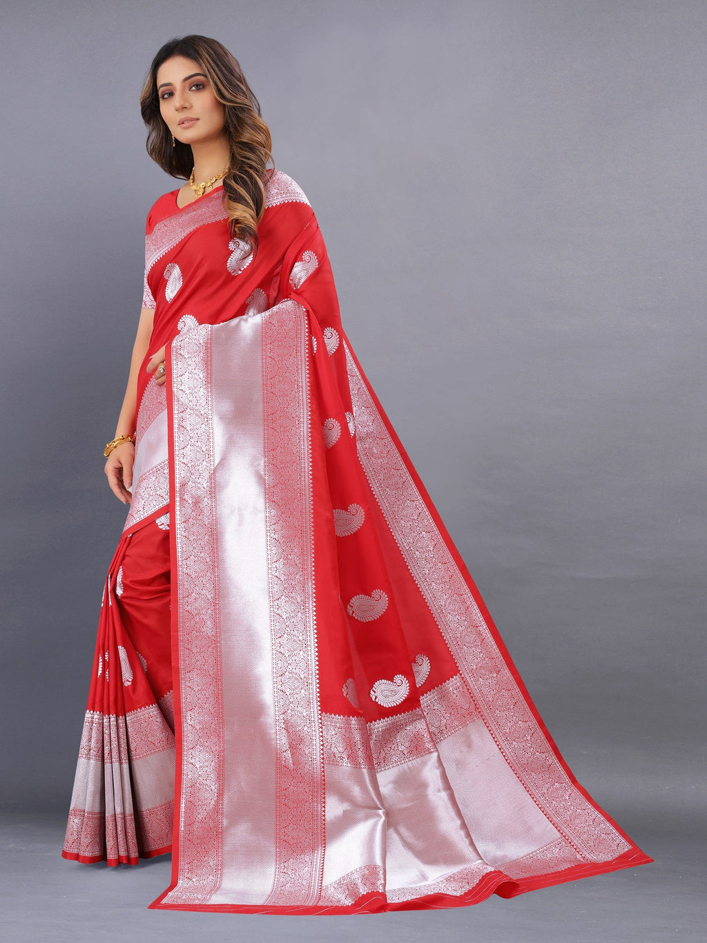 Vedant Vastram Soft Litchi Silk Banarasi Silk Saree - Red | Grocsy