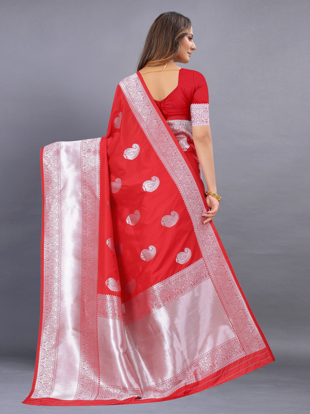 Vedant Vastram Soft Litchi Silk Banarasi Silk Saree - Red | Grocsy