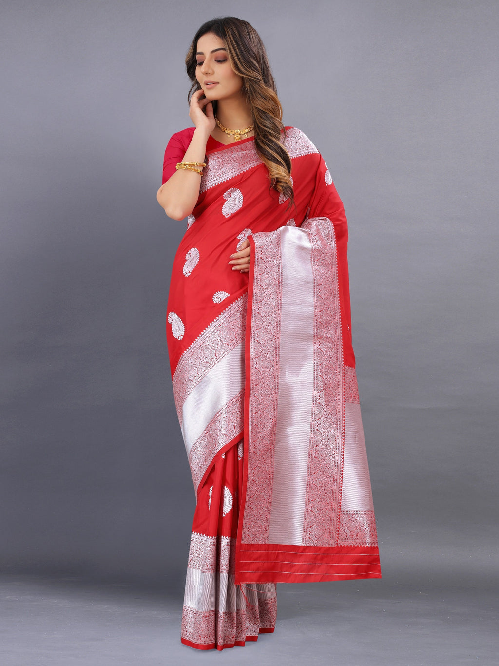 Vedant Vastram Soft Litchi Silk Banarasi Silk Saree - Red | Grocsy