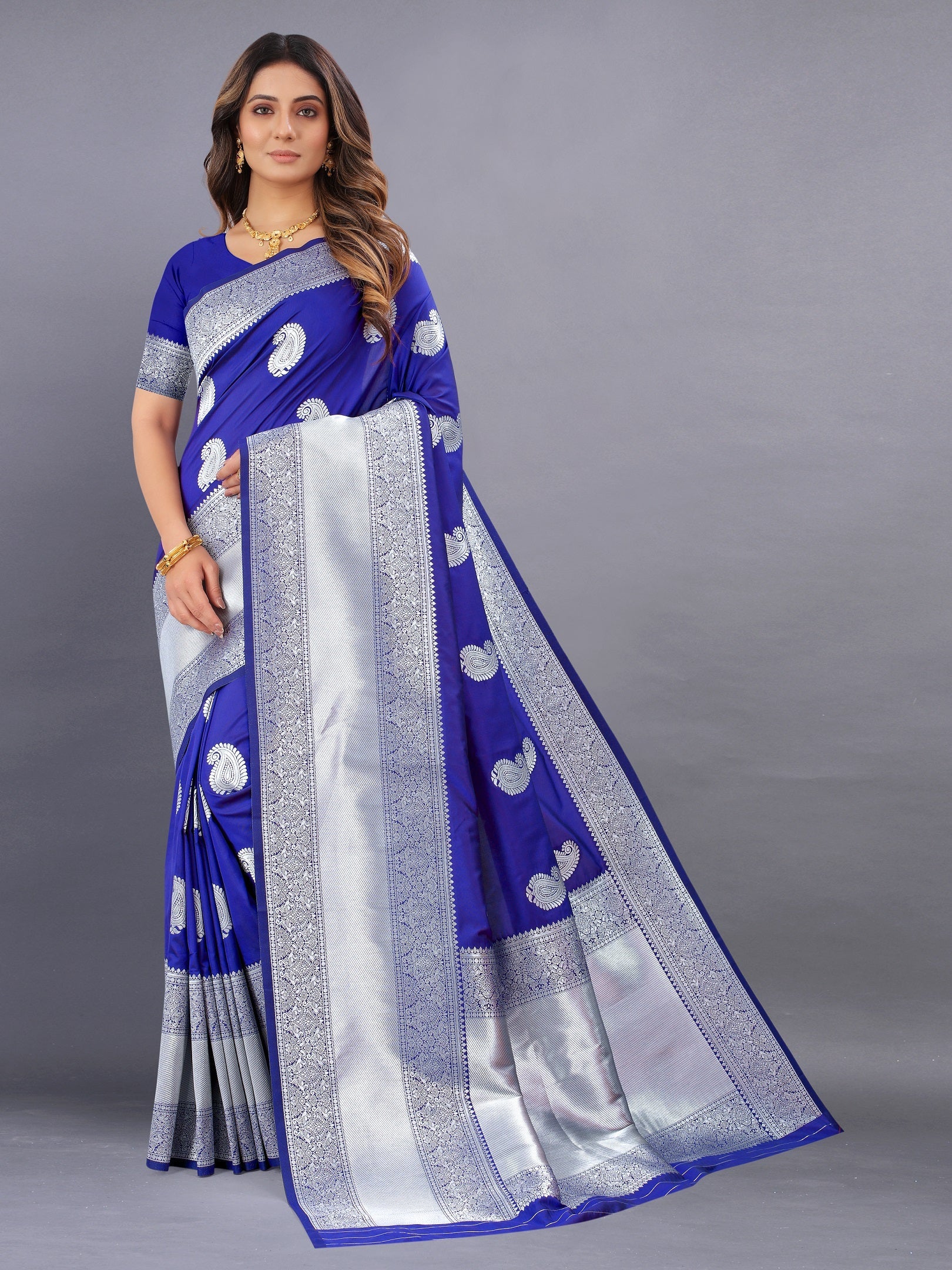 Vedant Vastram Soft Litchi Silk Banarasi Silk Saree - Royal Blue | Grocsy