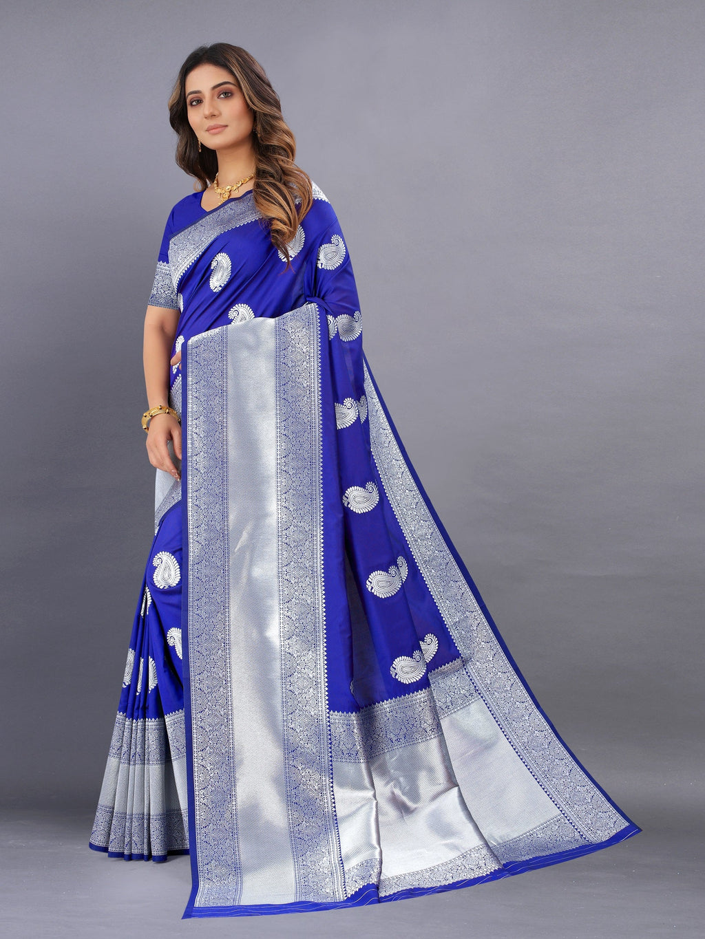 Vedant Vastram Soft Litchi Silk Banarasi Silk Saree - Royal Blue | Grocsy