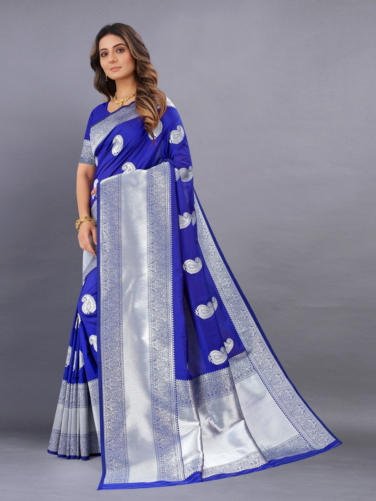 Vedant Vastram Soft Litchi Silk Banarasi Silk Saree - Royal Blue | Grocsy
