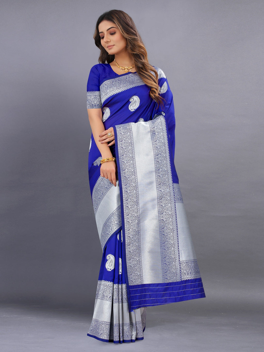 Vedant Vastram Soft Litchi Silk Banarasi Silk Saree - Royal Blue | Grocsy