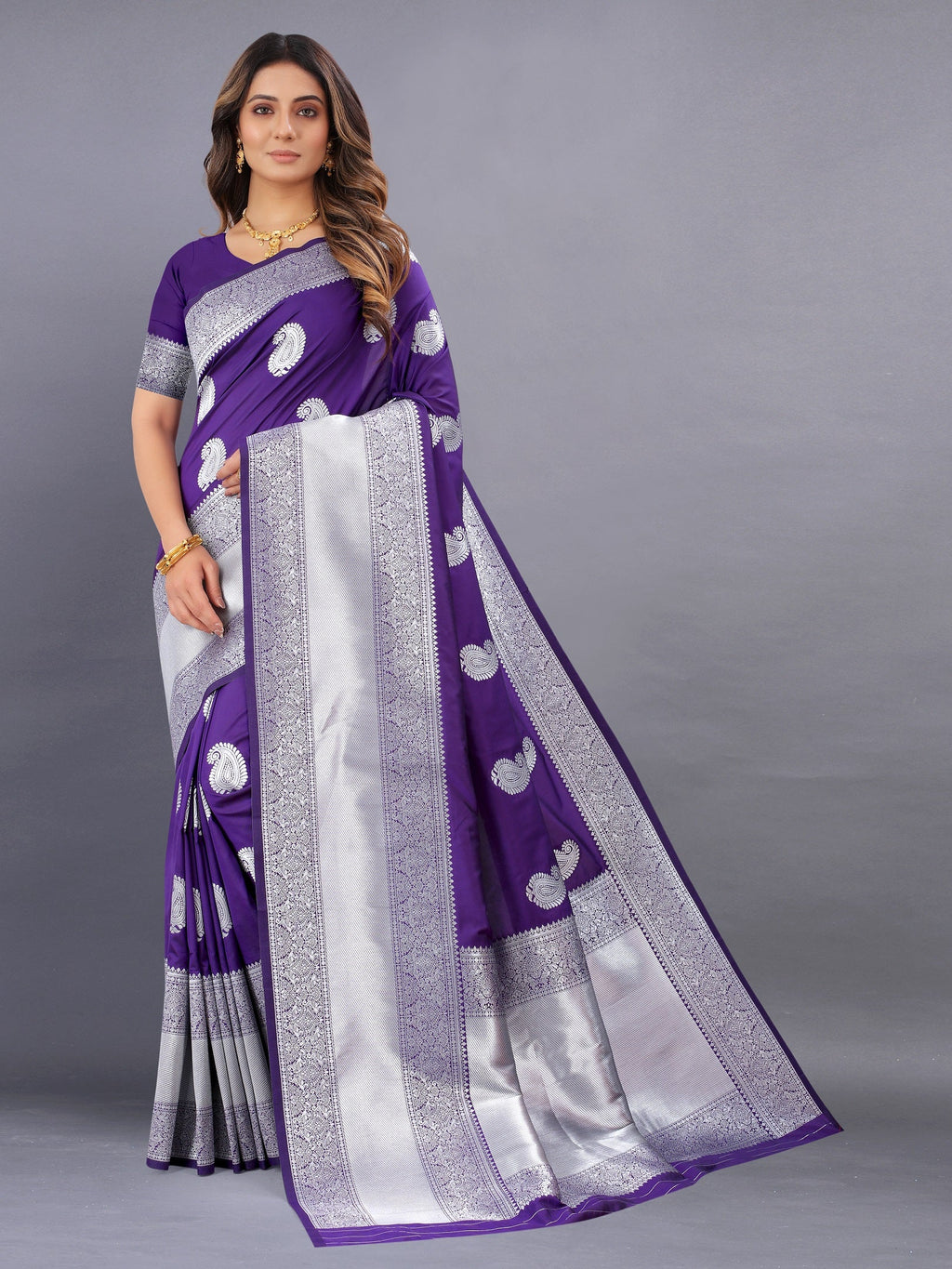 Vedant Vastram Soft Litchi Silk Banarasi Silk Saree - Violet | Grocsy
