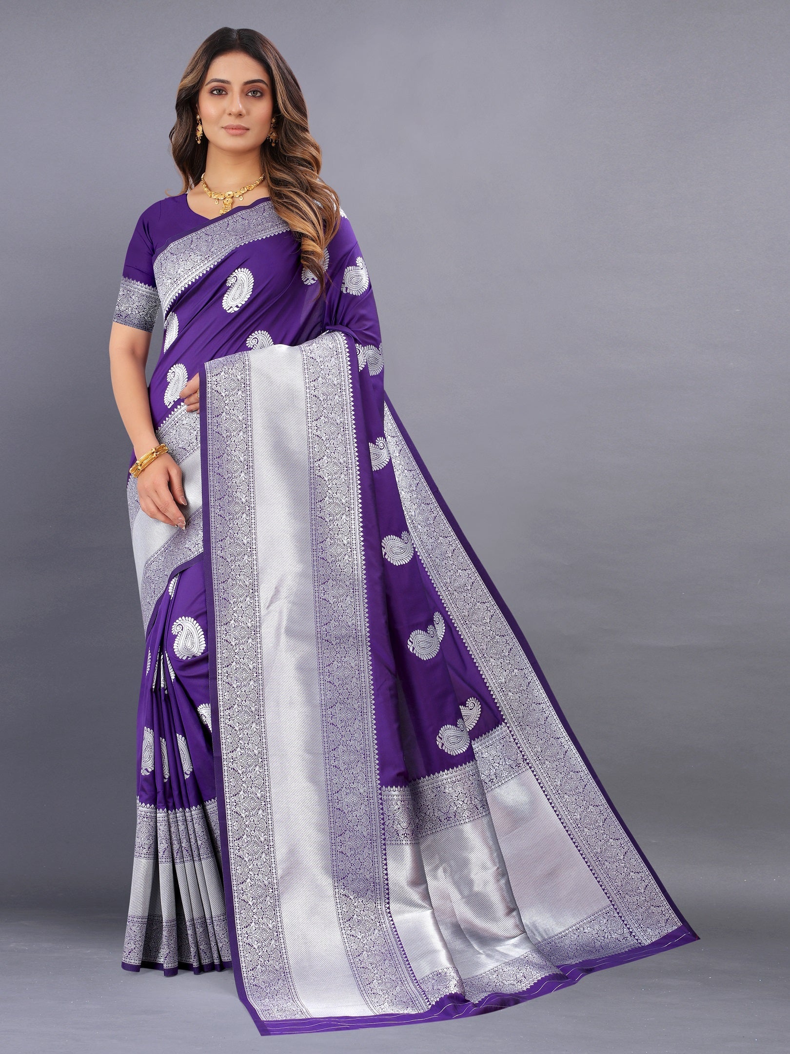 Vedant Vastram Soft Litchi Silk Banarasi Silk Saree - Violet | Grocsy