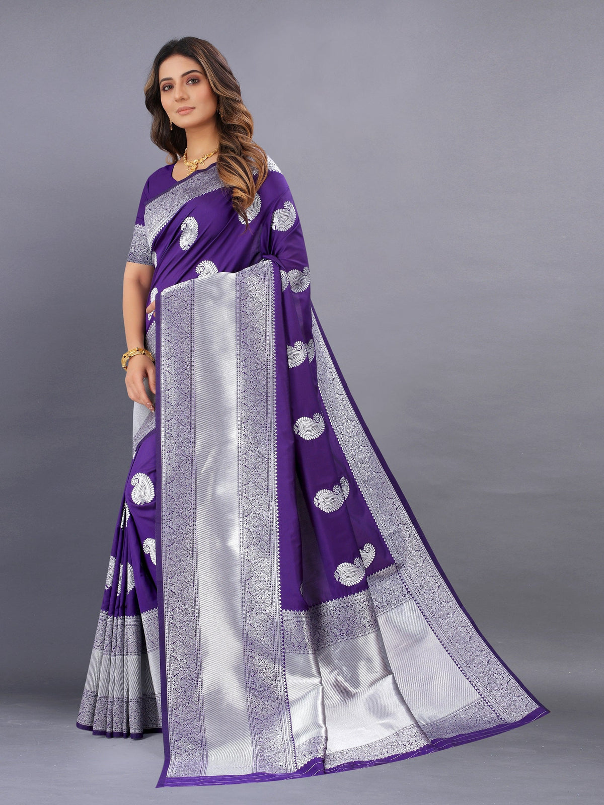 Vedant Vastram Soft Litchi Silk Banarasi Silk Saree - Violet | Grocsy