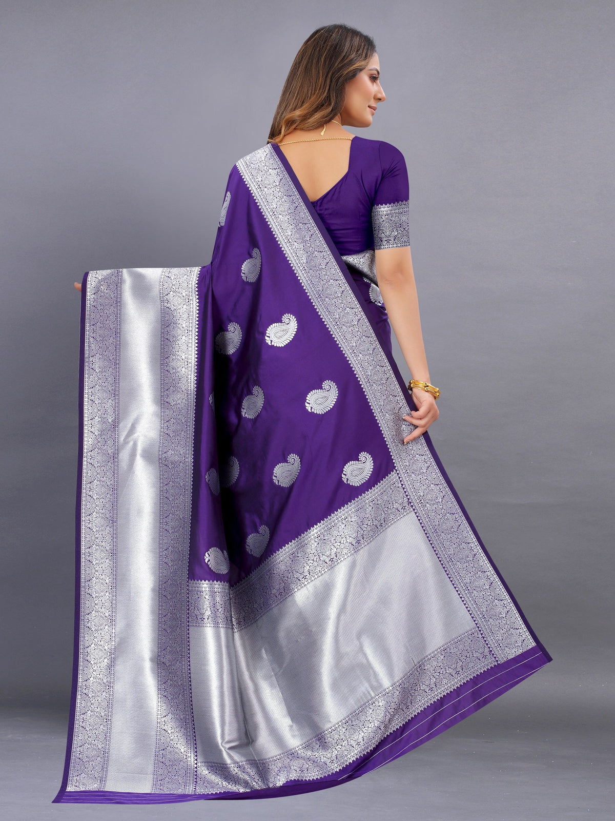 Vedant Vastram Soft Litchi Silk Banarasi Silk Saree - Violet | Grocsy