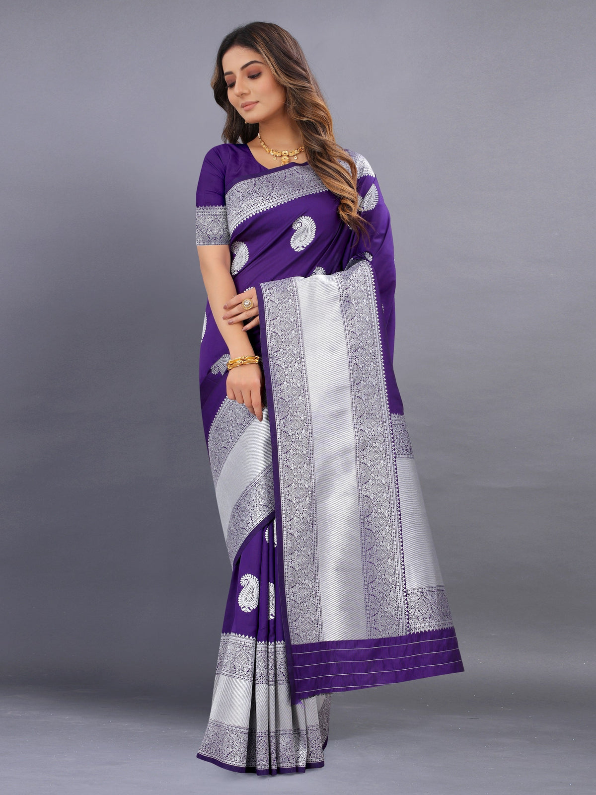 Vedant Vastram Soft Litchi Silk Banarasi Silk Saree - Violet | Grocsy