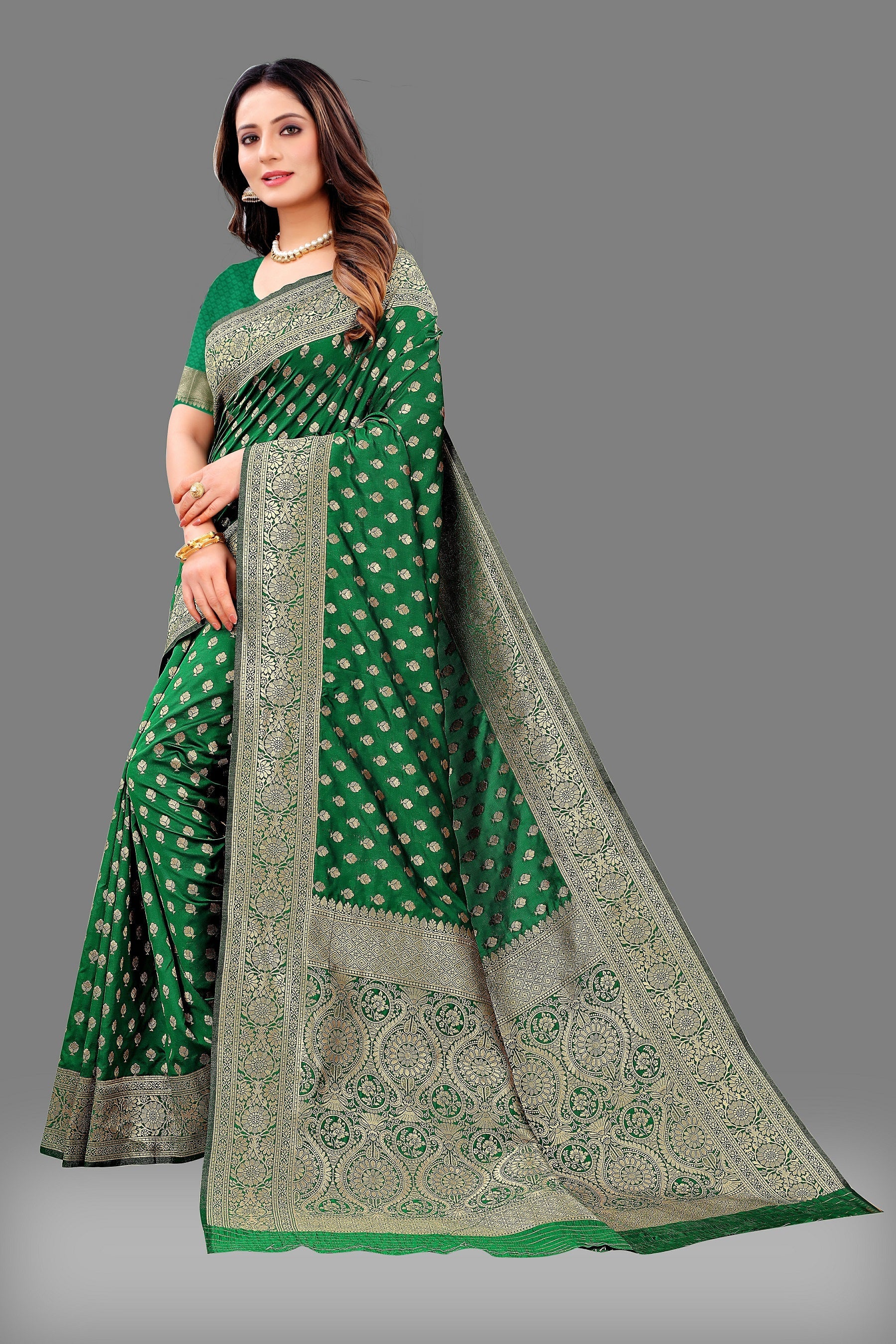 Vedant Vastram Soft Litchi Silk Banarasi Silk Saree - Green | Grocsy