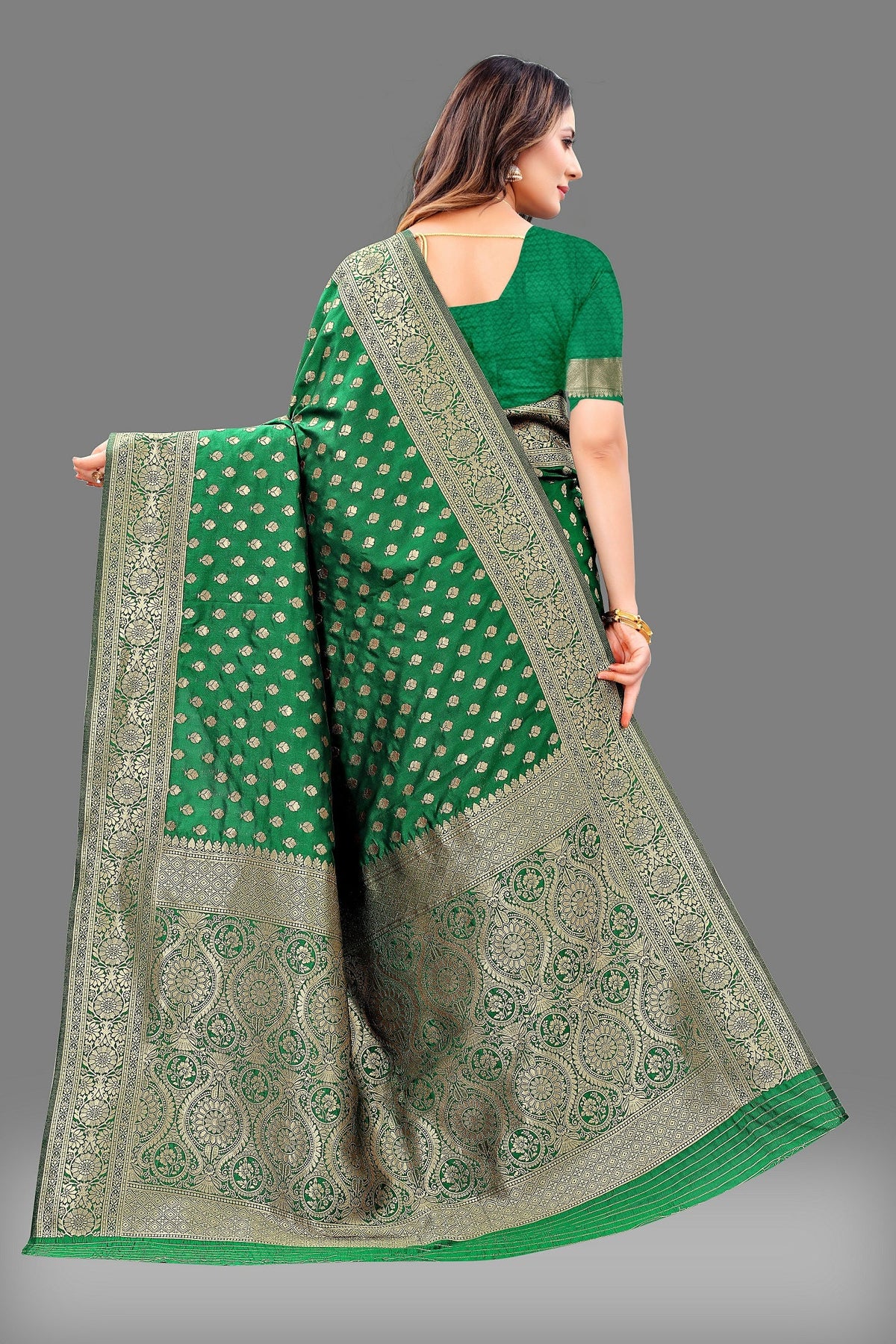 Vedant Vastram Soft Litchi Silk Banarasi Silk Saree - Green | Grocsy
