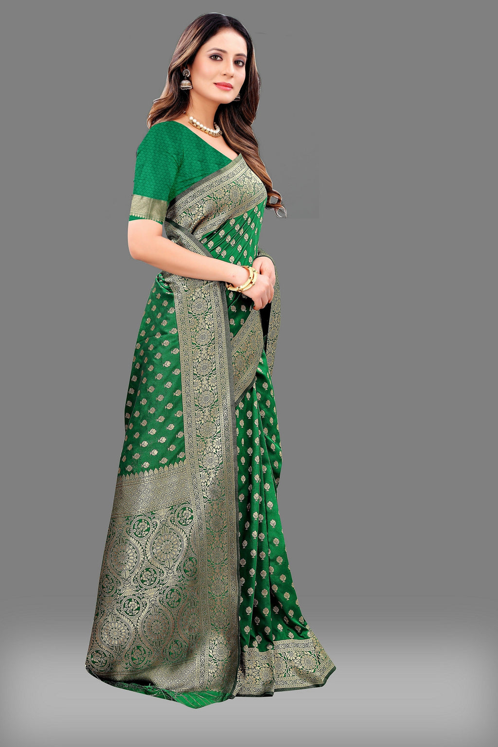 Vedant Vastram Soft Litchi Silk Banarasi Silk Saree - Green | Grocsy