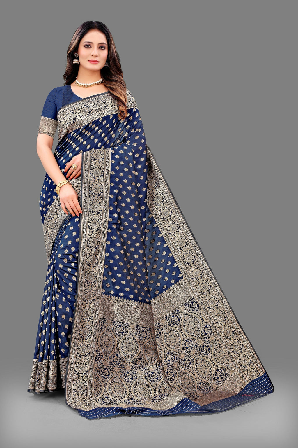 Vedant Vastram Soft Litchi Silk Banarasi Silk Saree - Navy | Grocsy