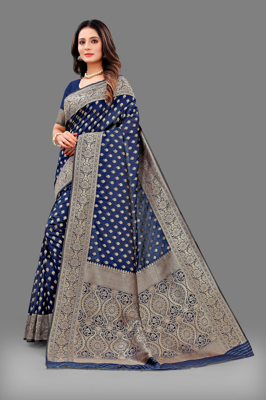 Vedant Vastram Soft Litchi Silk Banarasi Silk Saree - Navy | Grocsy