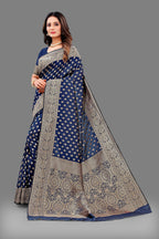 Vedant Vastram Soft Litchi Silk Banarasi Silk Saree - Navy | Grocsy