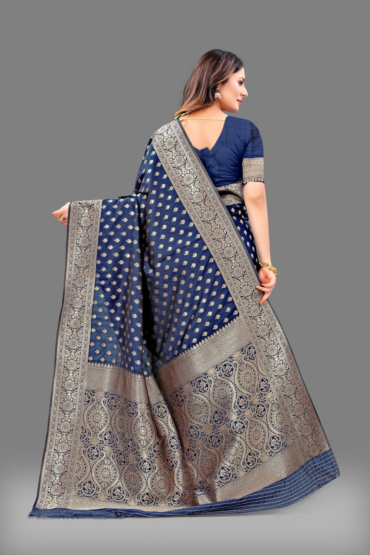 Vedant Vastram Soft Litchi Silk Banarasi Silk Saree - Navy | Grocsy