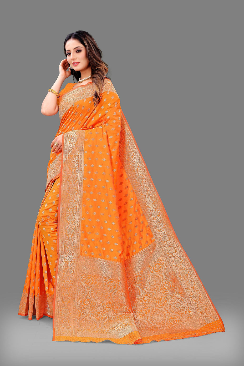 Vedant Vastram Soft Litchi Silk Banarasi Silk Saree - Orange | Grocsy