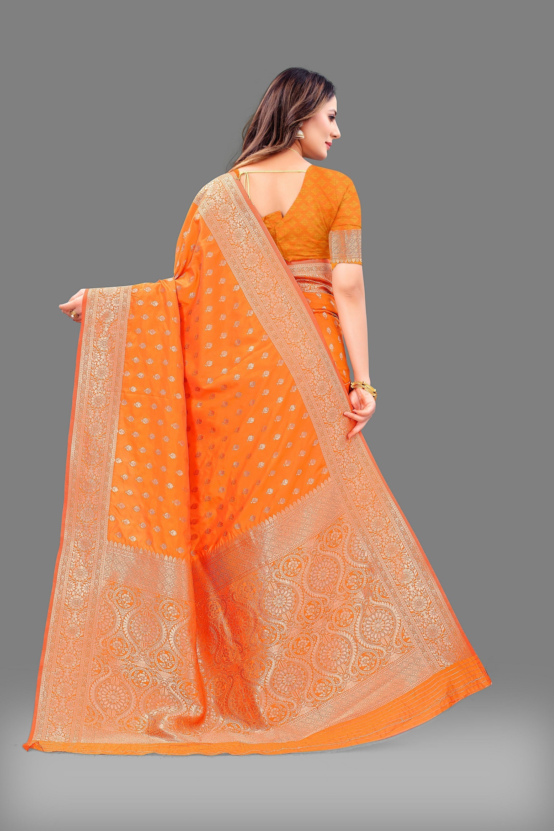 Vedant Vastram Soft Litchi Silk Banarasi Silk Saree - Orange | Grocsy