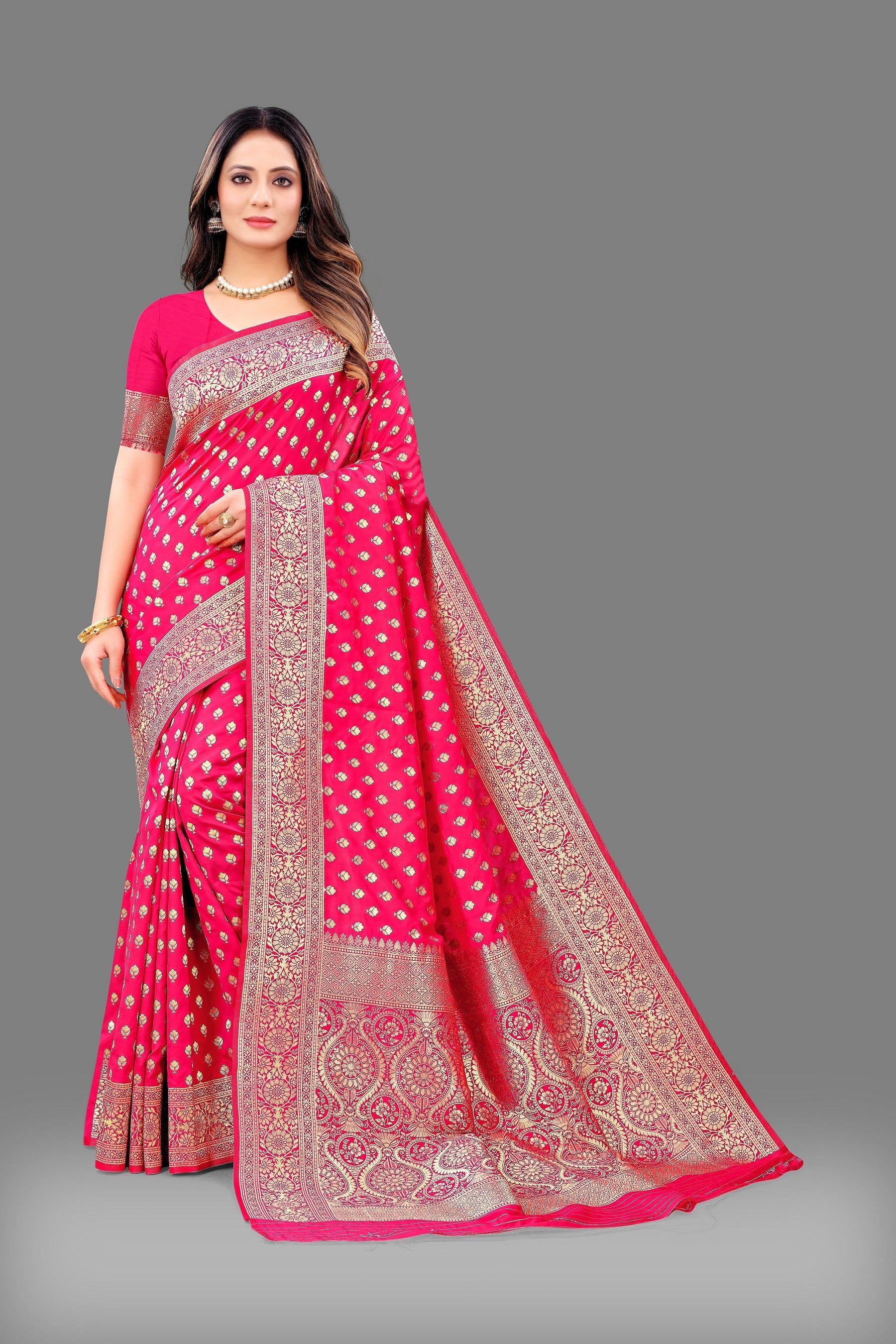 Vedant Vastram Soft Litchi Silk Banarasi Silk Saree - Pink | Grocsy