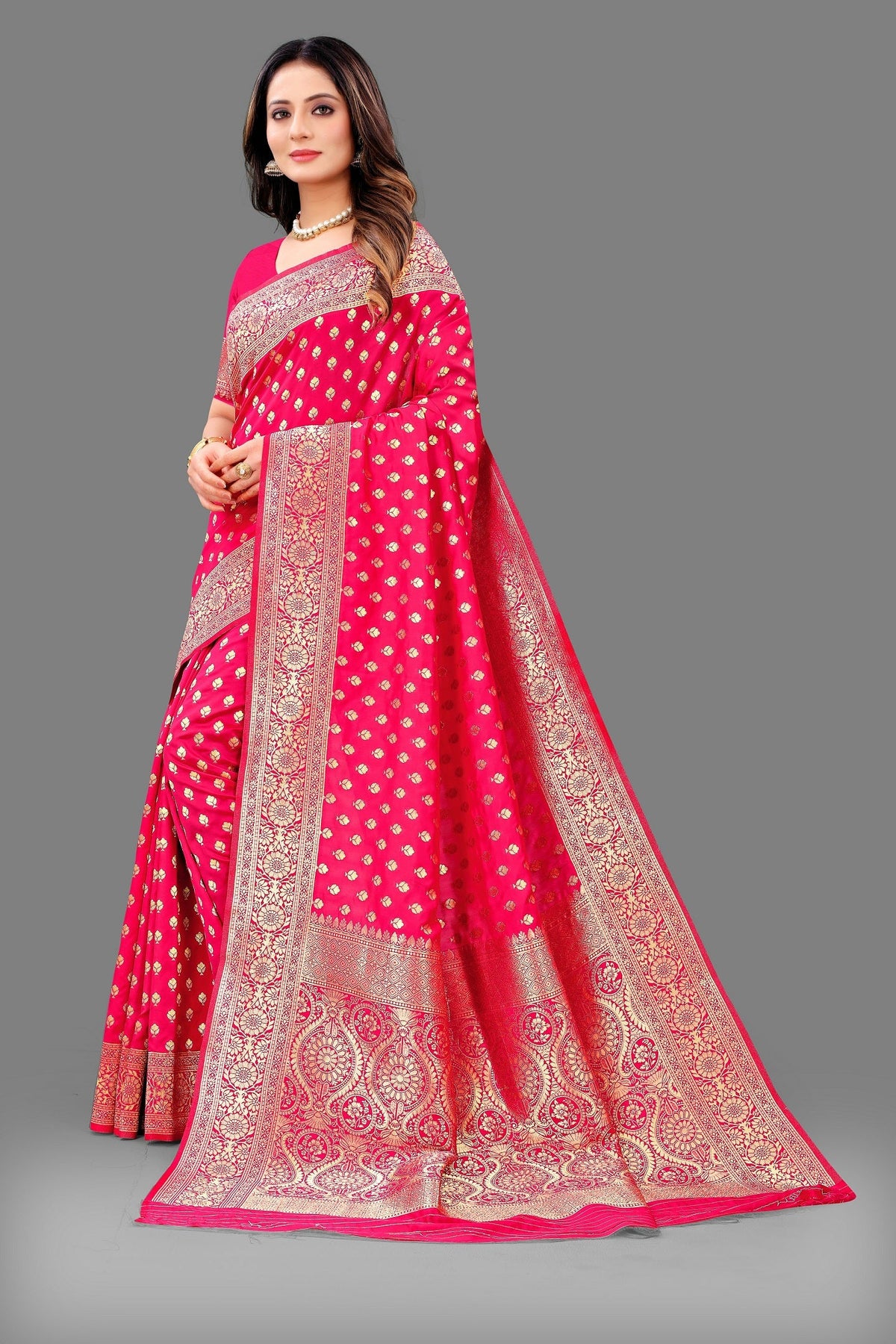 Vedant Vastram Soft Litchi Silk Banarasi Silk Saree - Pink | Grocsy