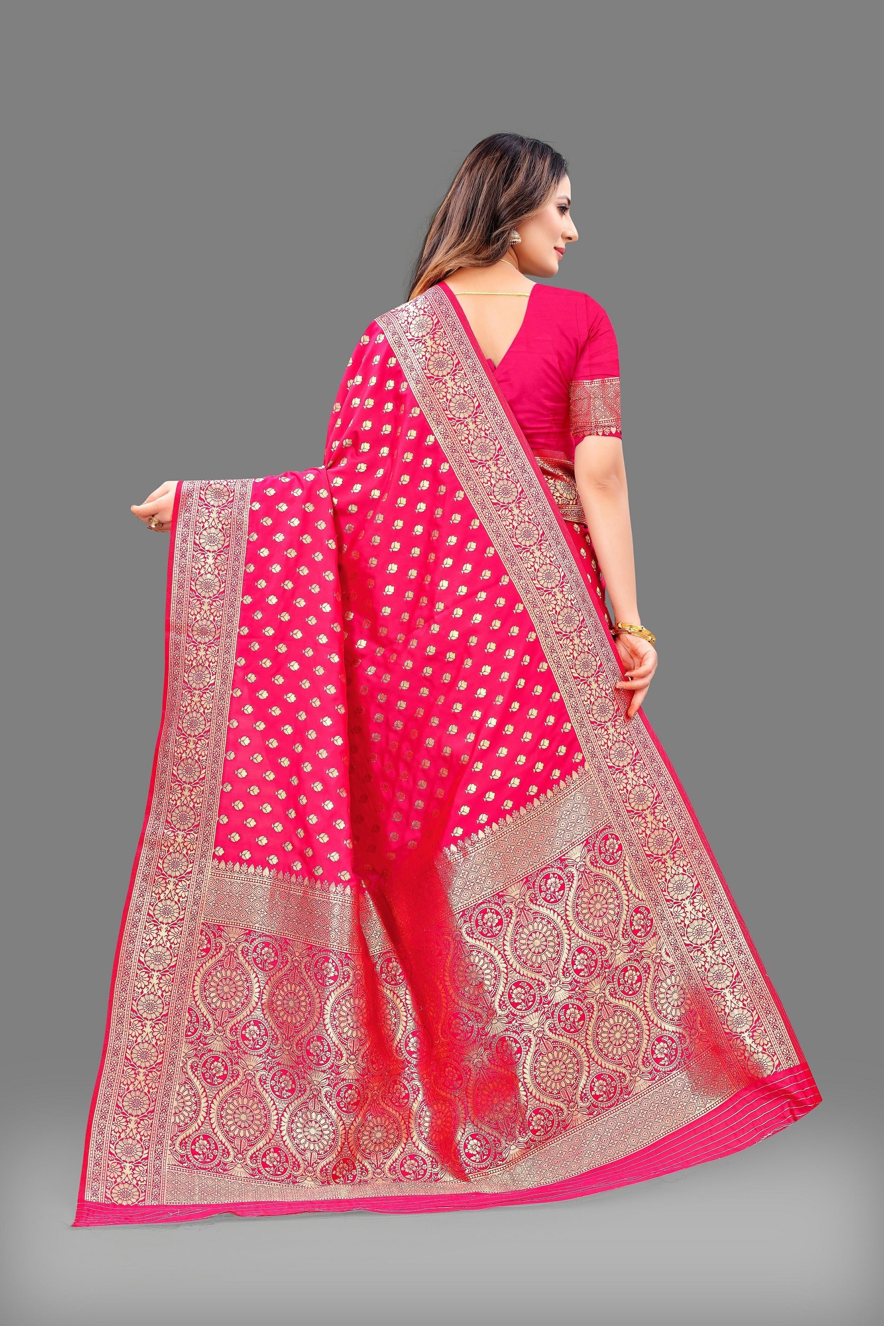Vedant Vastram Soft Litchi Silk Banarasi Silk Saree - Pink | Grocsy