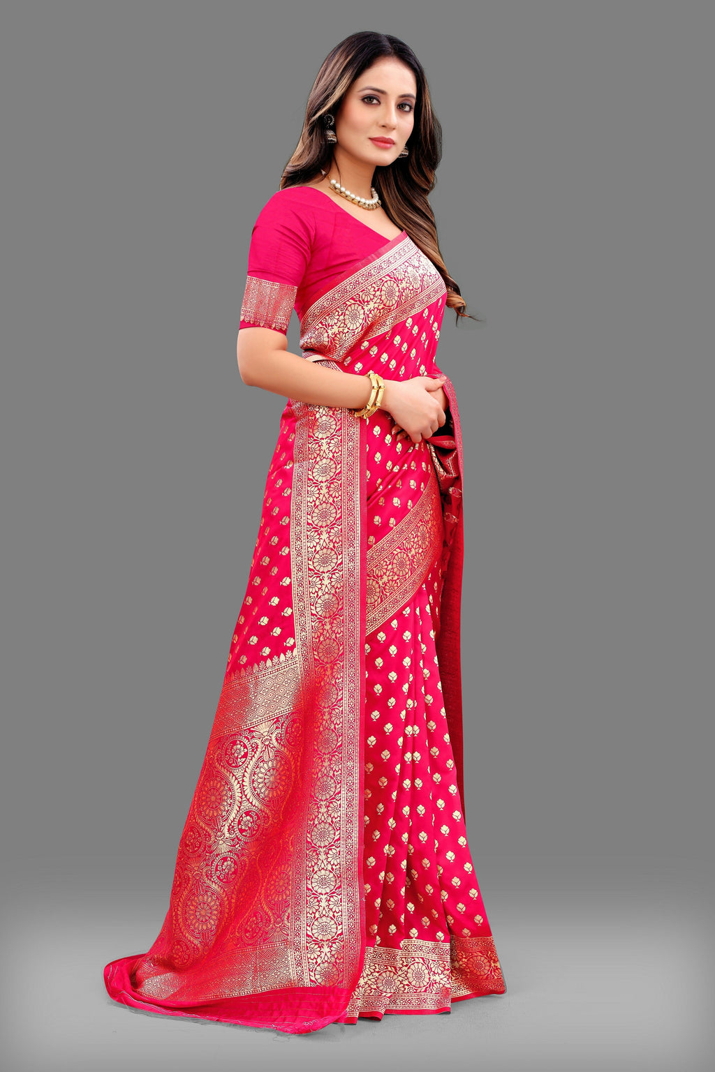 Vedant Vastram Soft Litchi Silk Banarasi Silk Saree - Pink | Grocsy
