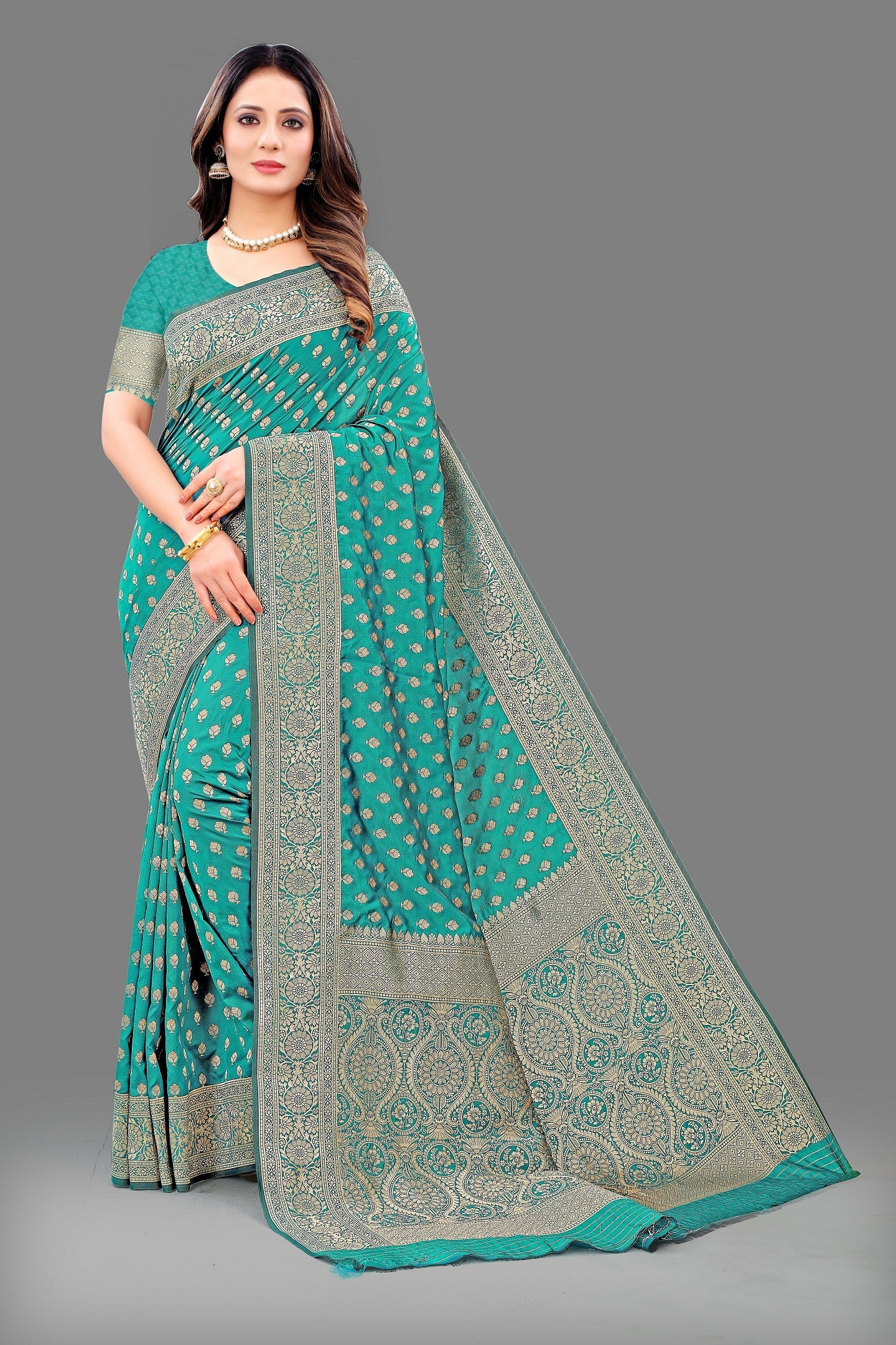 Vedant Vastram Soft Litchi Silk Banarasi Silk Saree - Rama | Grocsy