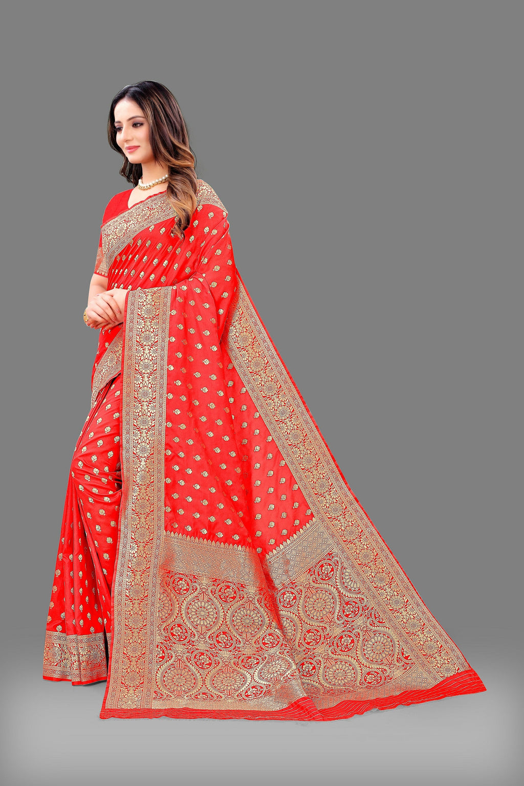 Vedant Vastram Soft Litchi Silk Banarasi Silk Saree - Red | Grocsy