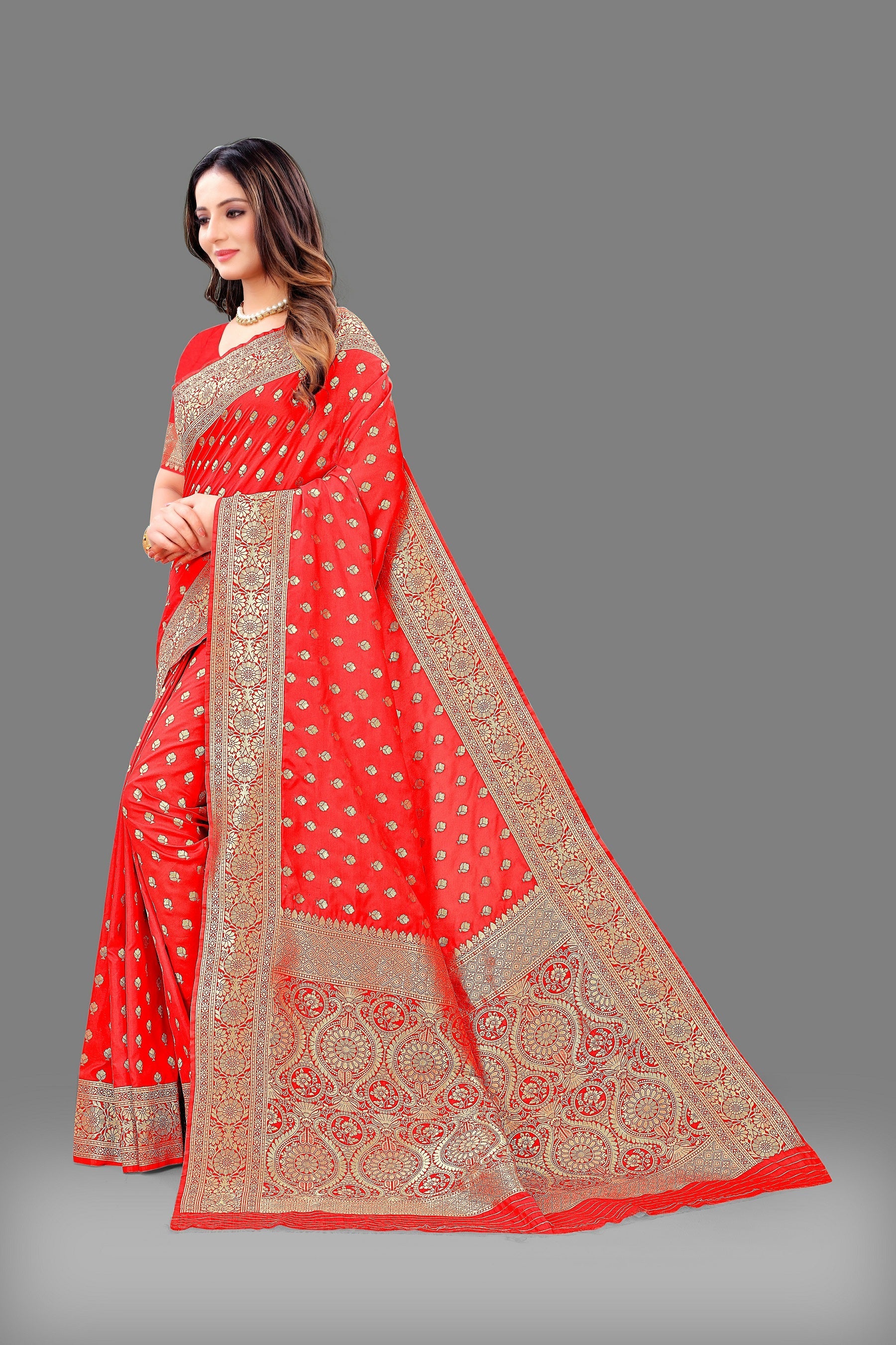 Vedant Vastram Soft Litchi Silk Banarasi Silk Saree - Red | Grocsy