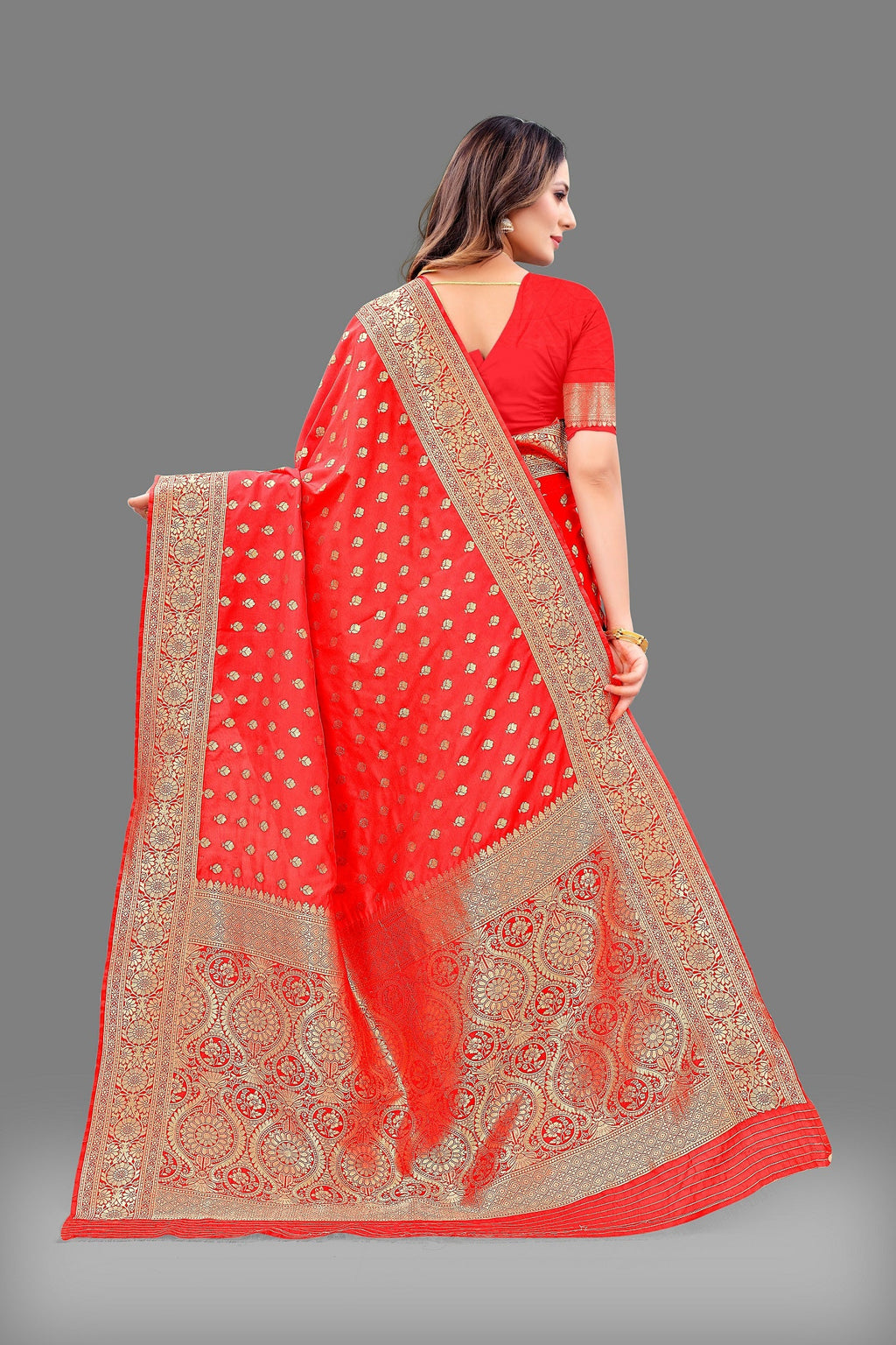 Vedant Vastram Soft Litchi Silk Banarasi Silk Saree - Red | Grocsy