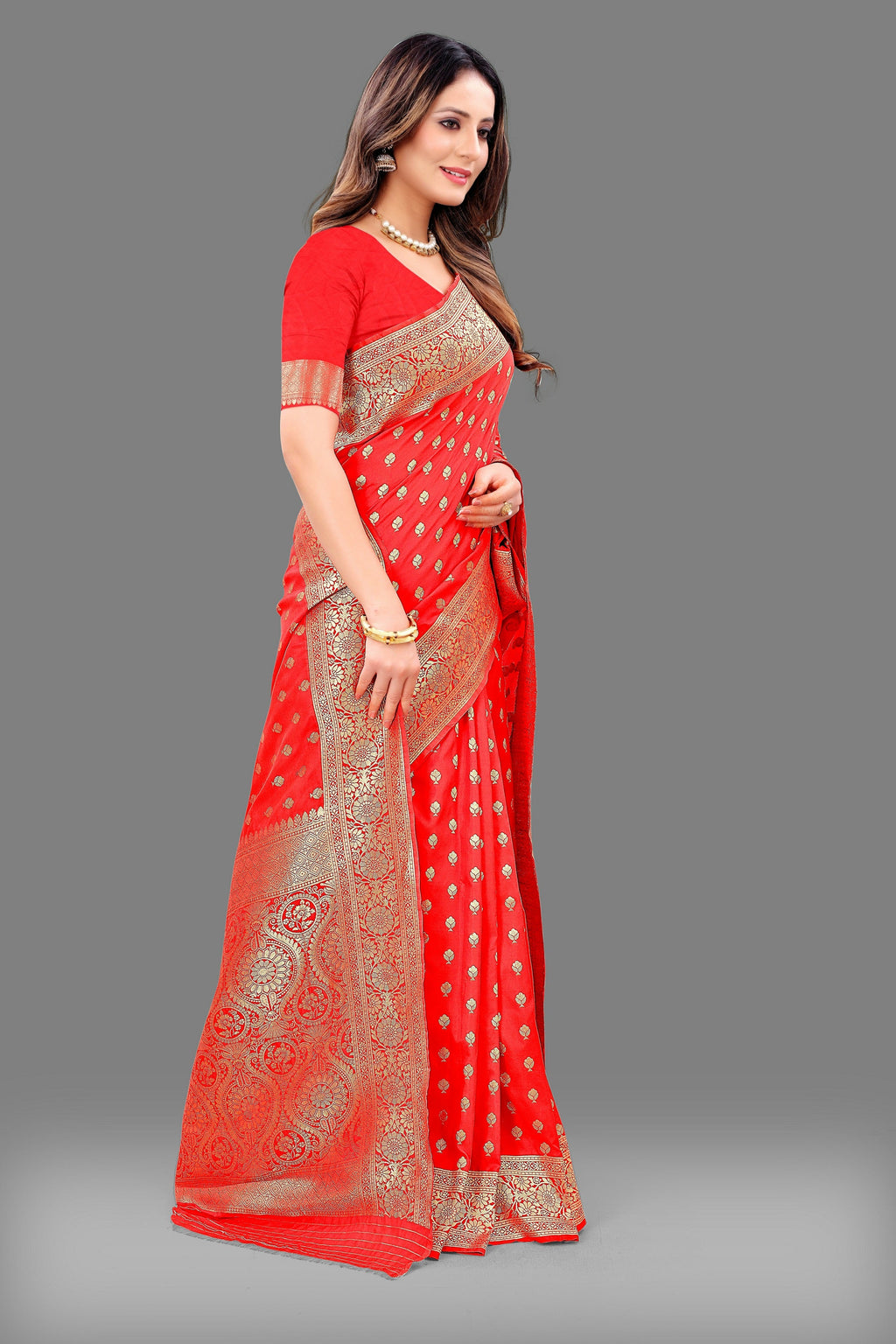Vedant Vastram Soft Litchi Silk Banarasi Silk Saree - Red | Grocsy