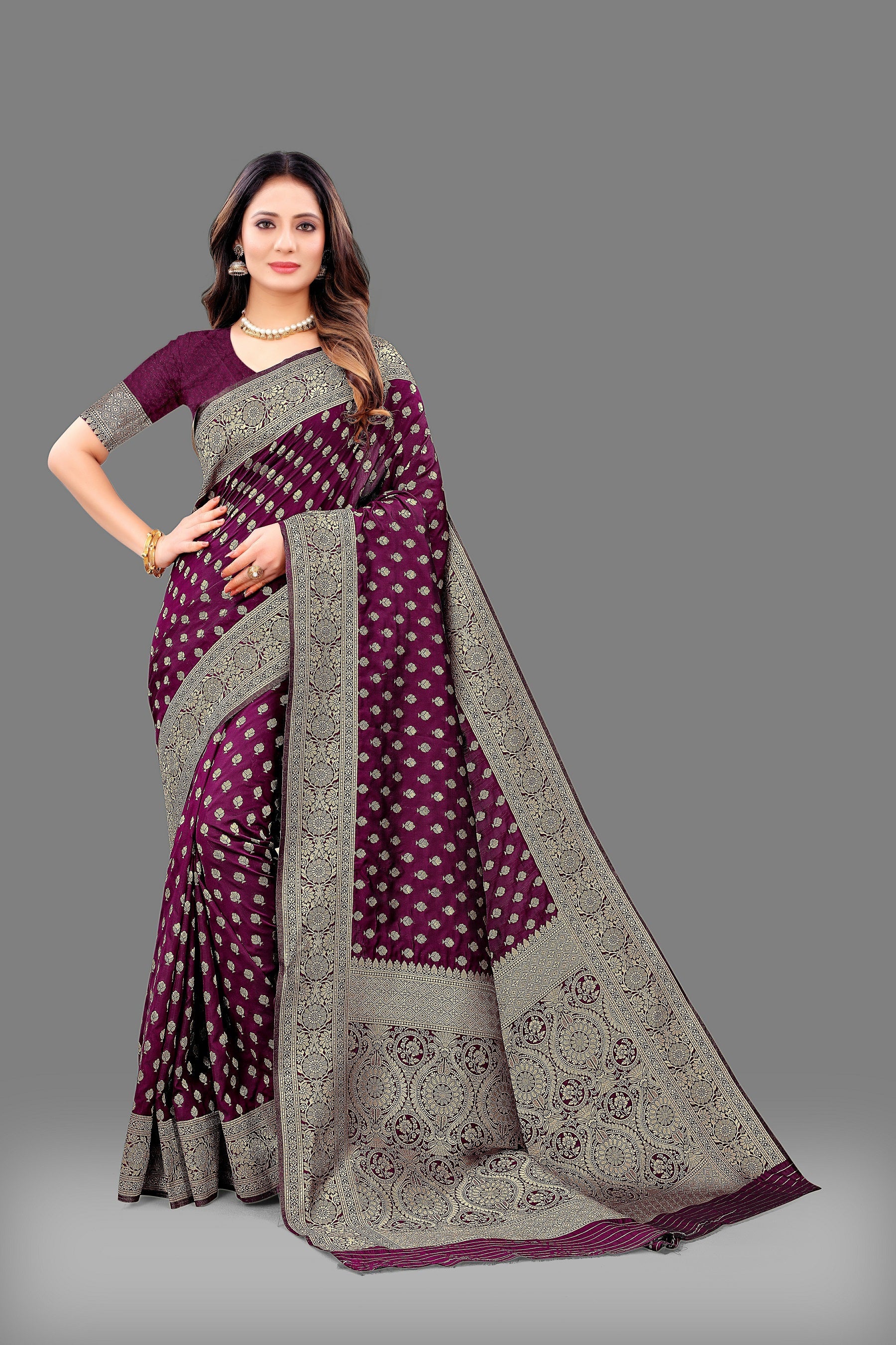 Vedant Vastram Soft Litchi Silk Banarasi Silk Saree - Wine | Grocsy