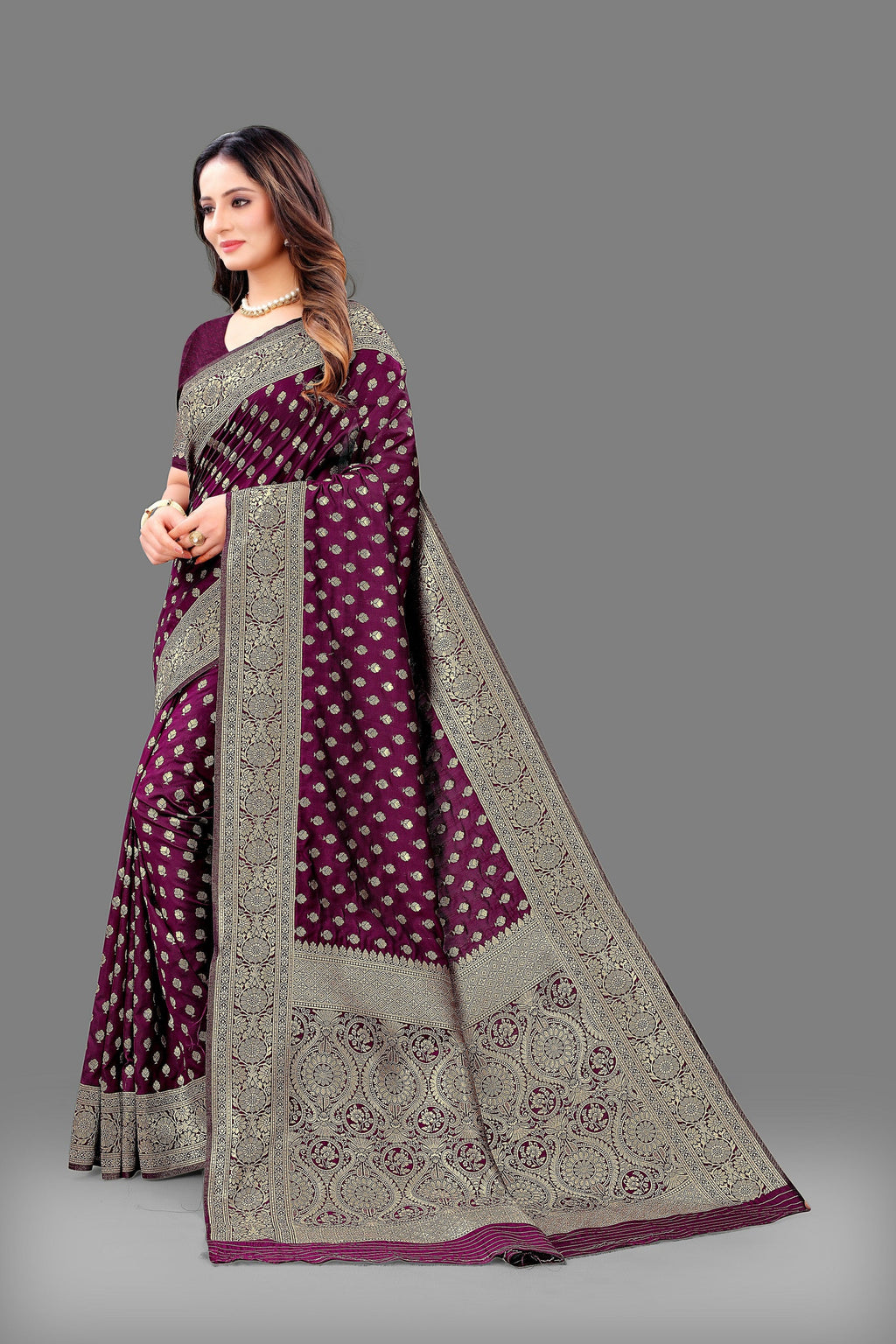 Vedant Vastram Soft Litchi Silk Banarasi Silk Saree - Wine | Grocsy