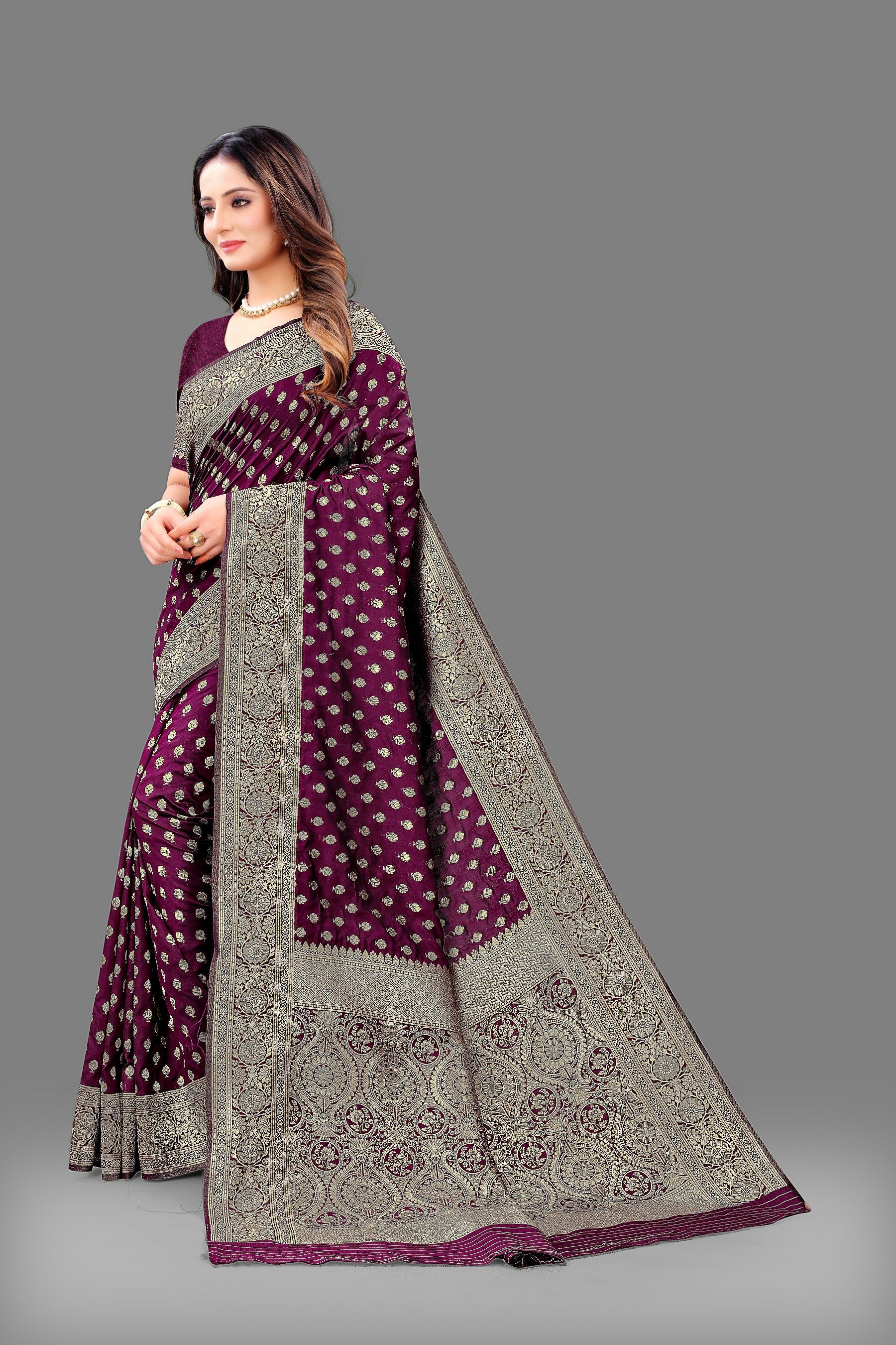 Vedant Vastram Soft Litchi Silk Banarasi Silk Saree - Wine | Grocsy