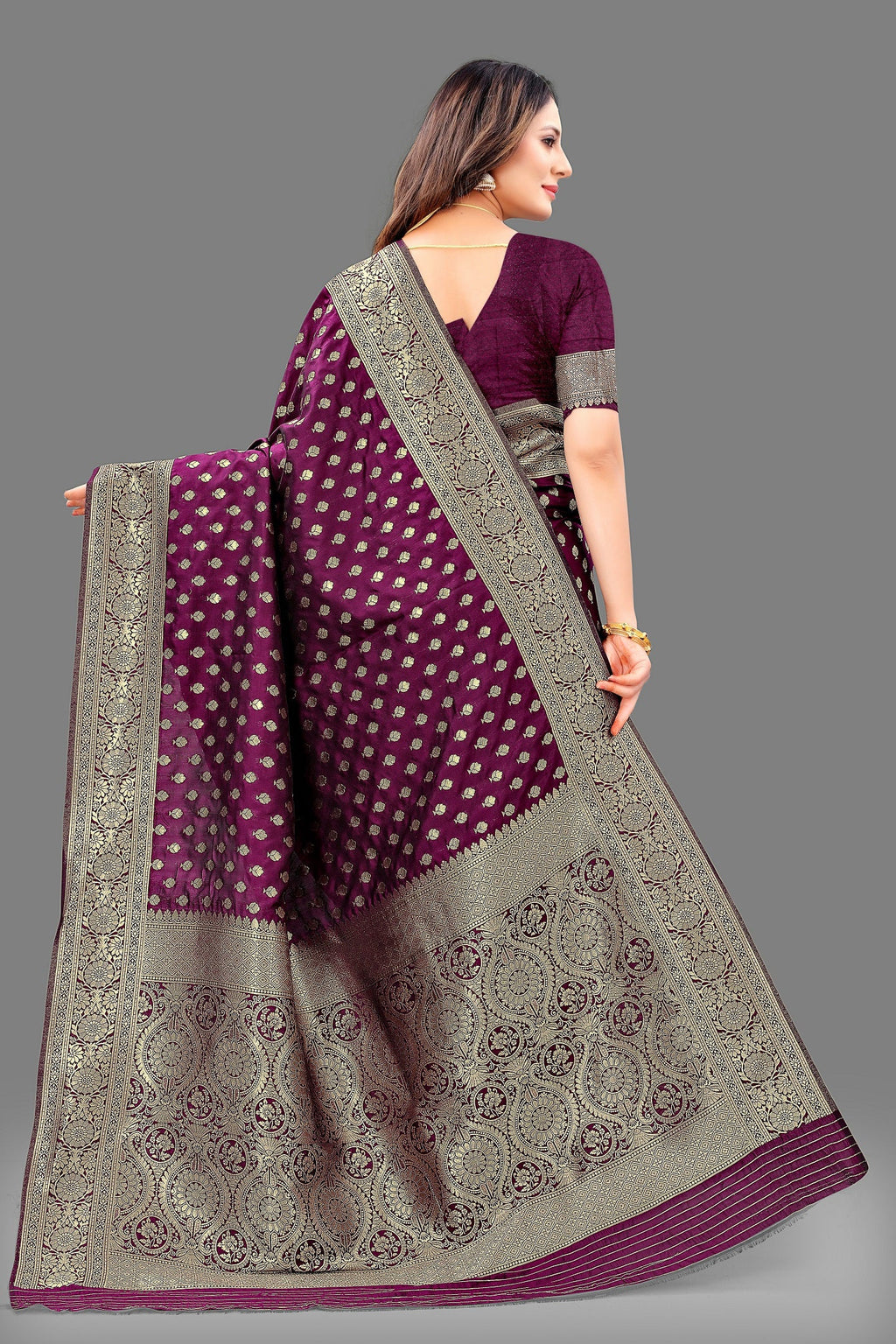 Vedant Vastram Soft Litchi Silk Banarasi Silk Saree - Wine | Grocsy