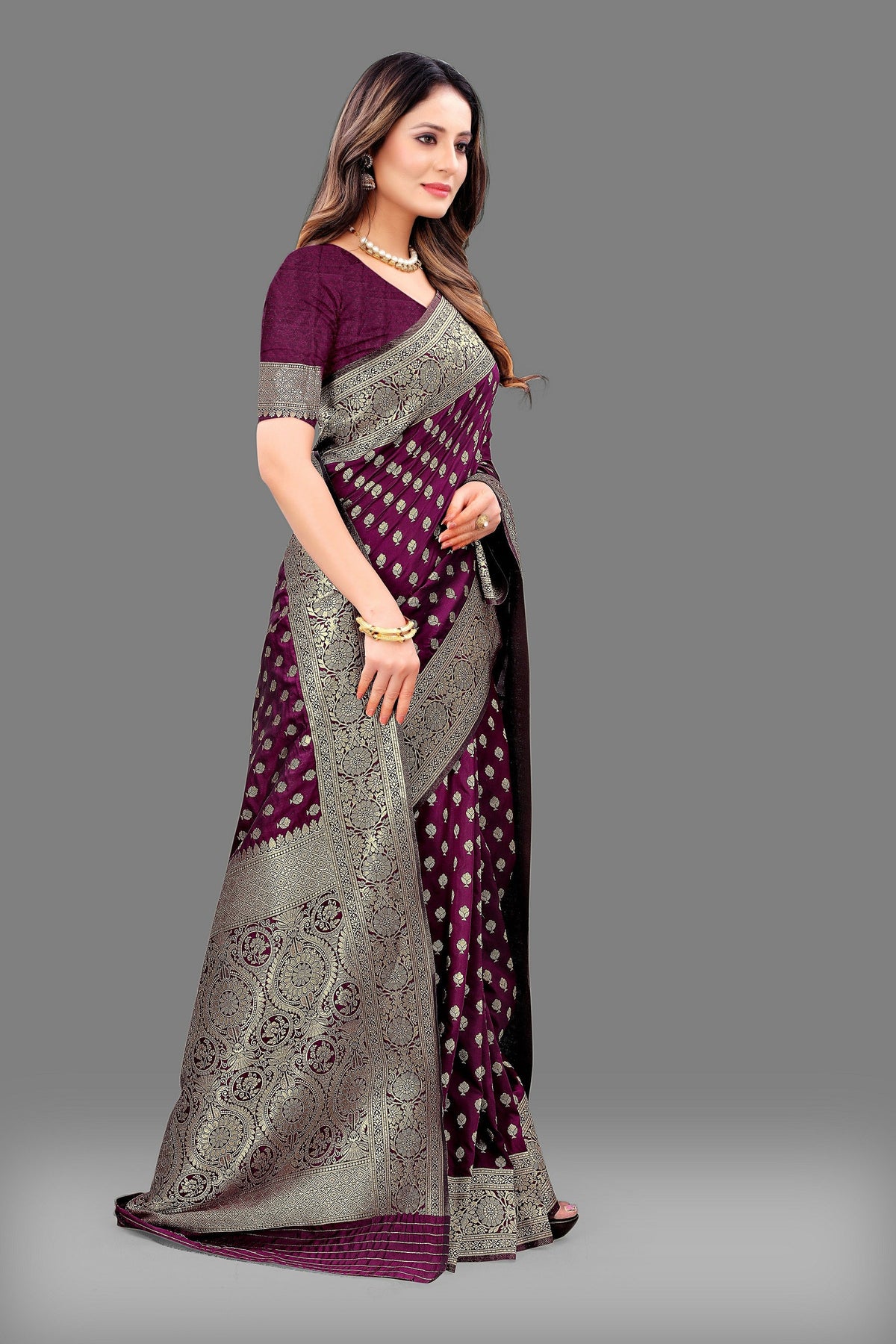 Vedant Vastram Soft Litchi Silk Banarasi Silk Saree - Wine | Grocsy