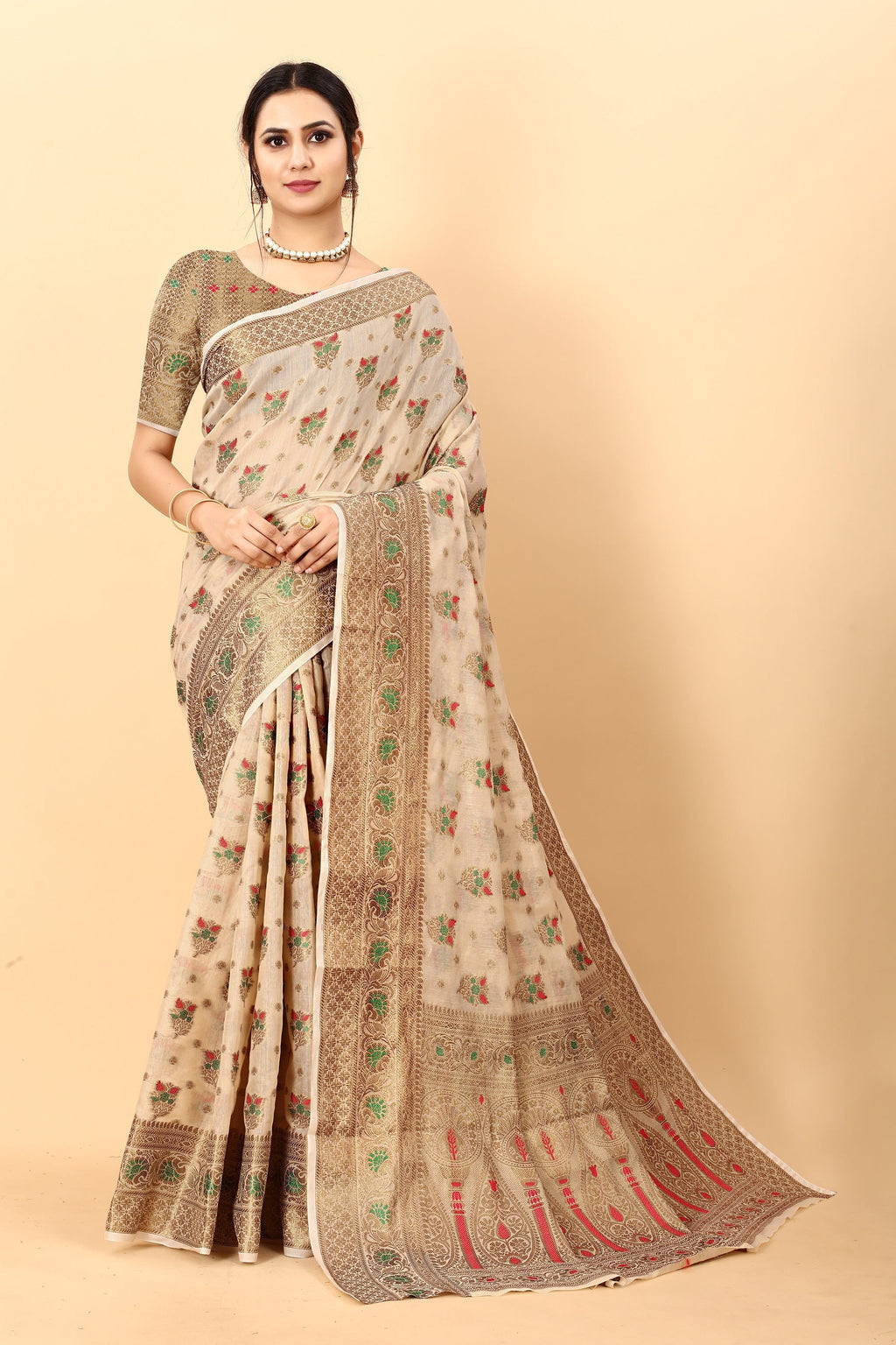 Vedant Vastram Soft Cotton Silk Kanjeevaram Saree - Beige | Grocsy