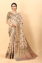Vedant Vastram Soft Cotton Silk Kanjeevaram Saree - Beige | Grocsy